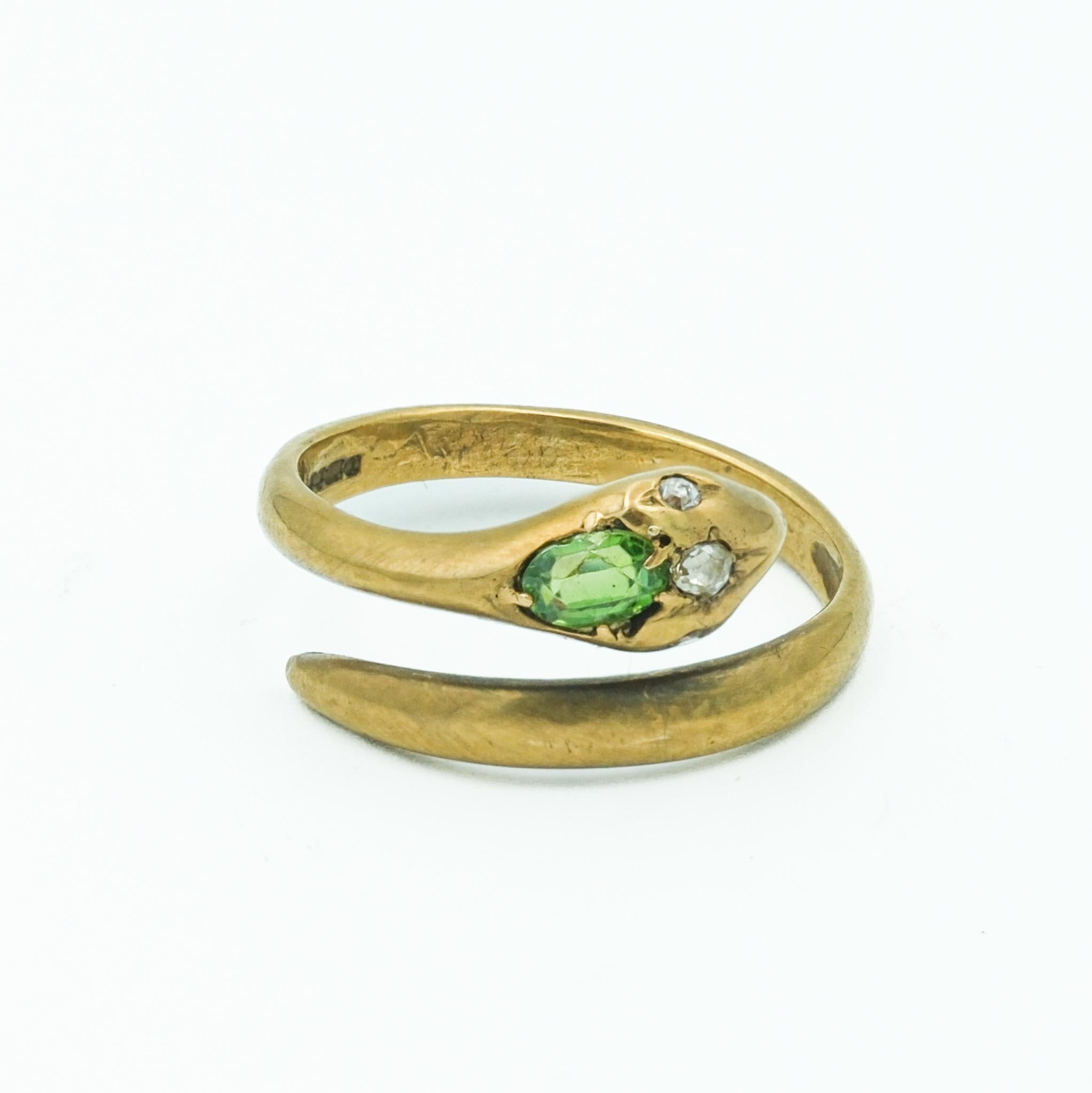 Oval Cut 9 Karat Yellow Gold Snake Ring with Demantoid Garnet and Diamonds For Sale