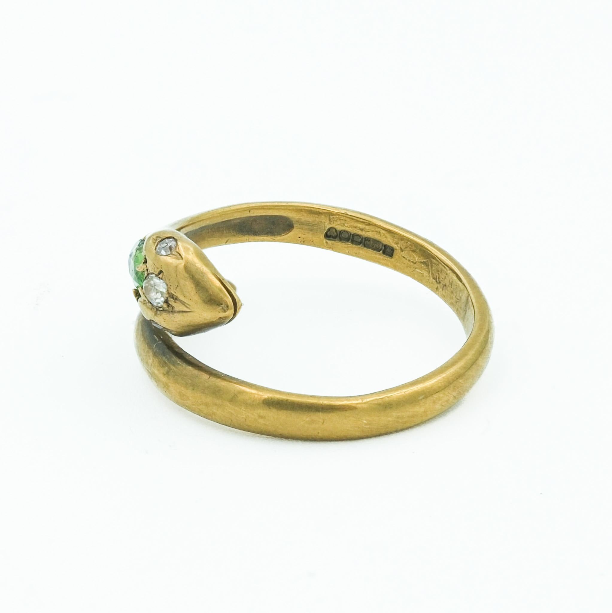 9 Karat Yellow Gold Snake Ring with Demantoid Garnet and Diamonds In Good Condition For Sale In Fairfield, CT