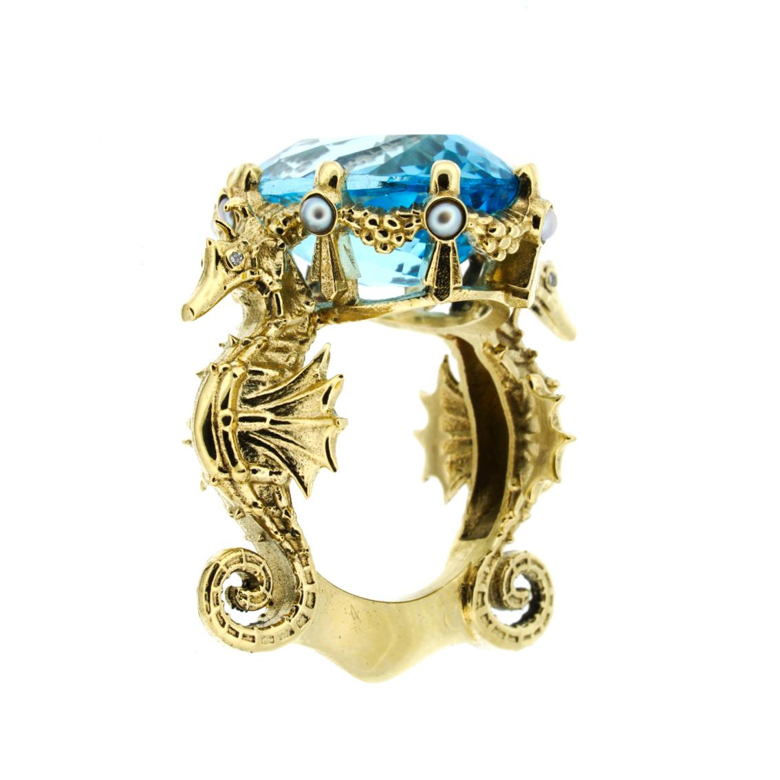 Contemporary 9 Karat Yellow Gold, Swiss Blue Topaz, Diamonds & Pearls Crowned Oceanides Ring