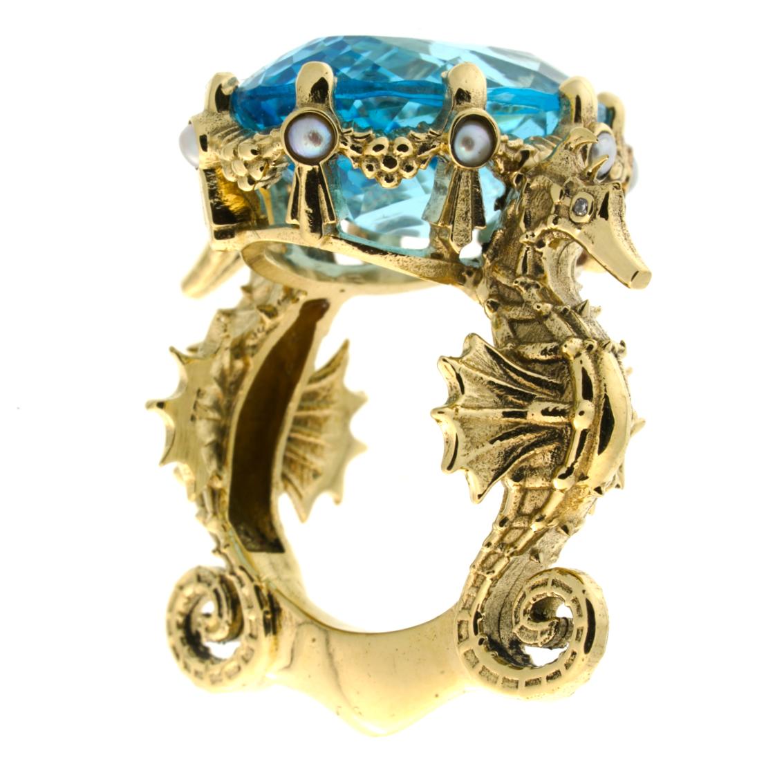 Oval Cut 9 Karat Yellow Gold, Swiss Blue Topaz, Diamonds & Pearls Crowned Oceanides Ring