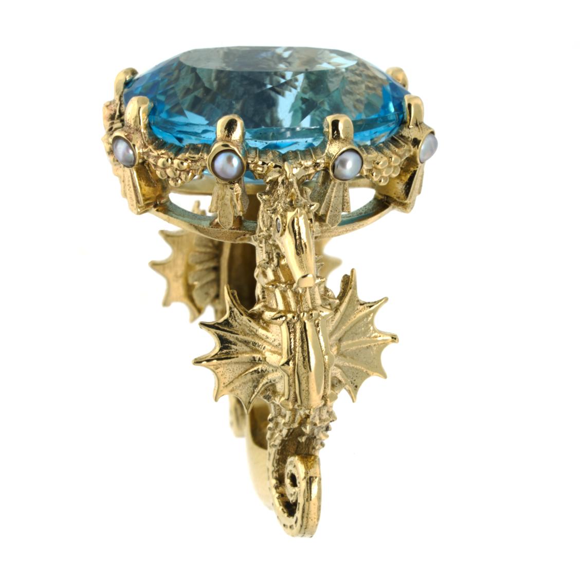 9 Karat Yellow Gold, Swiss Blue Topaz, Diamonds & Pearls Crowned Oceanides Ring In New Condition In Melbourne, Vic