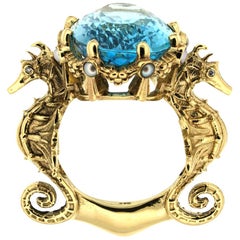 9 Karat Yellow Gold, Swiss Blue Topaz, Diamonds & Pearls Crowned Oceanides Ring