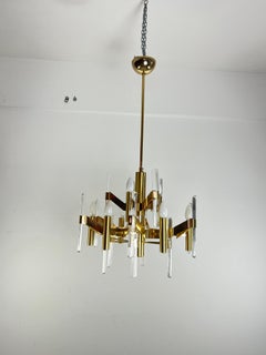 9-Light Chandelier By Gaetano Sciolari In Golden Brass And Crystal, 1970s