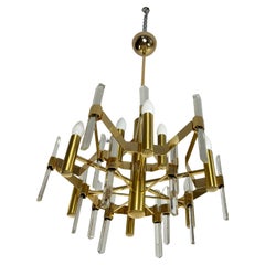 9-Light Chandelier By Gaetano Sciolari In Golden Brass And Crystal, 1970s