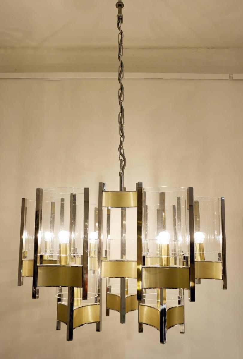 9 light chrome and glass chandelier by Gaetano Sciolari - 1960's.