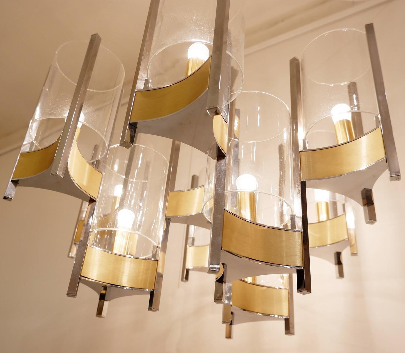 Mid-Century Modern 9 Light Chrome and Glass Chandelier by Gaetano Sciolari, 1960's