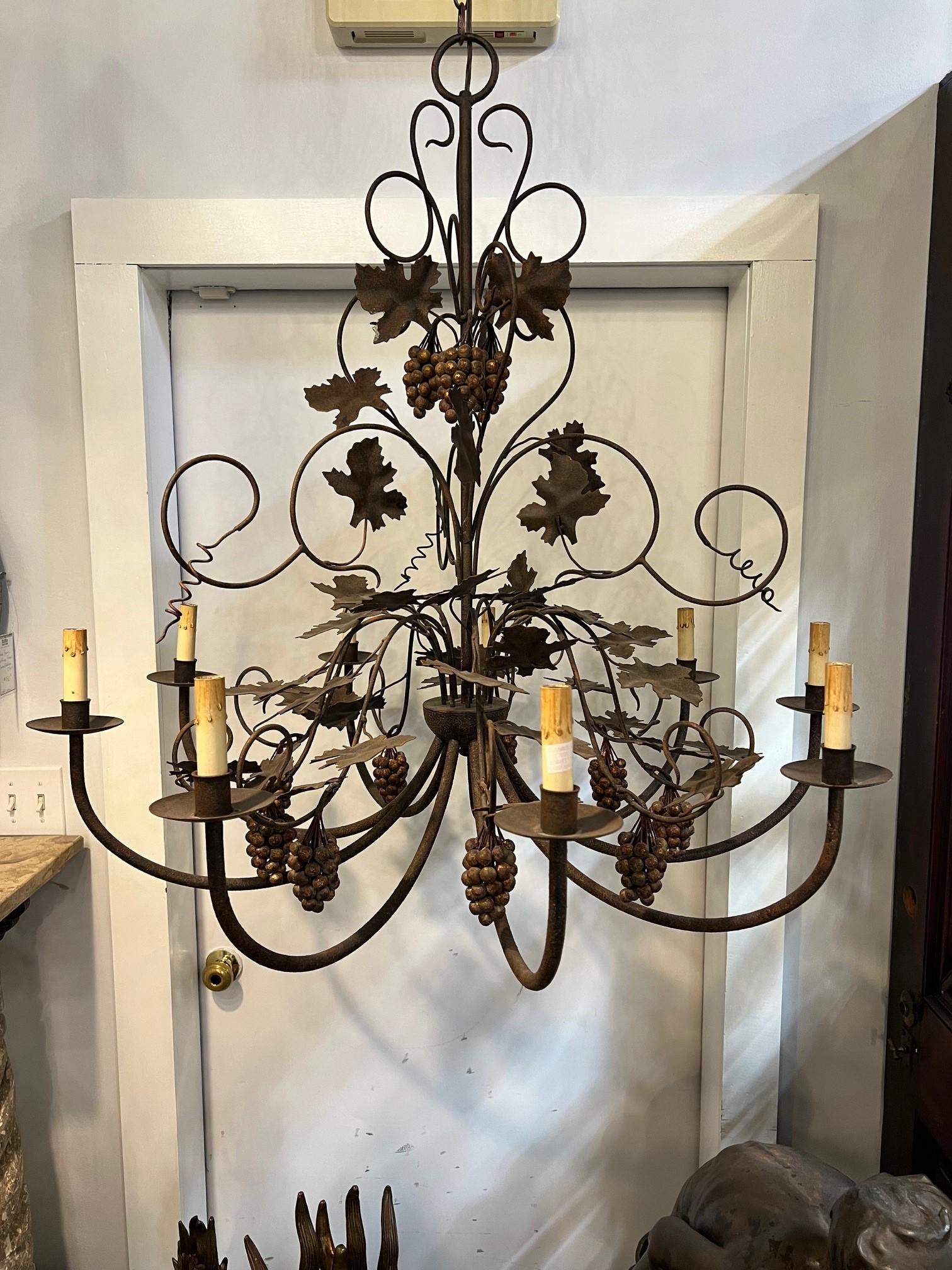 Beautiful chandelier, nine arms nine lights with grape vines, grapes and leaves. This chandelier would look great in a dining room or perfect in a wine cellar. Manufactured by Curry & Company in 2002 it was never installed and in good working