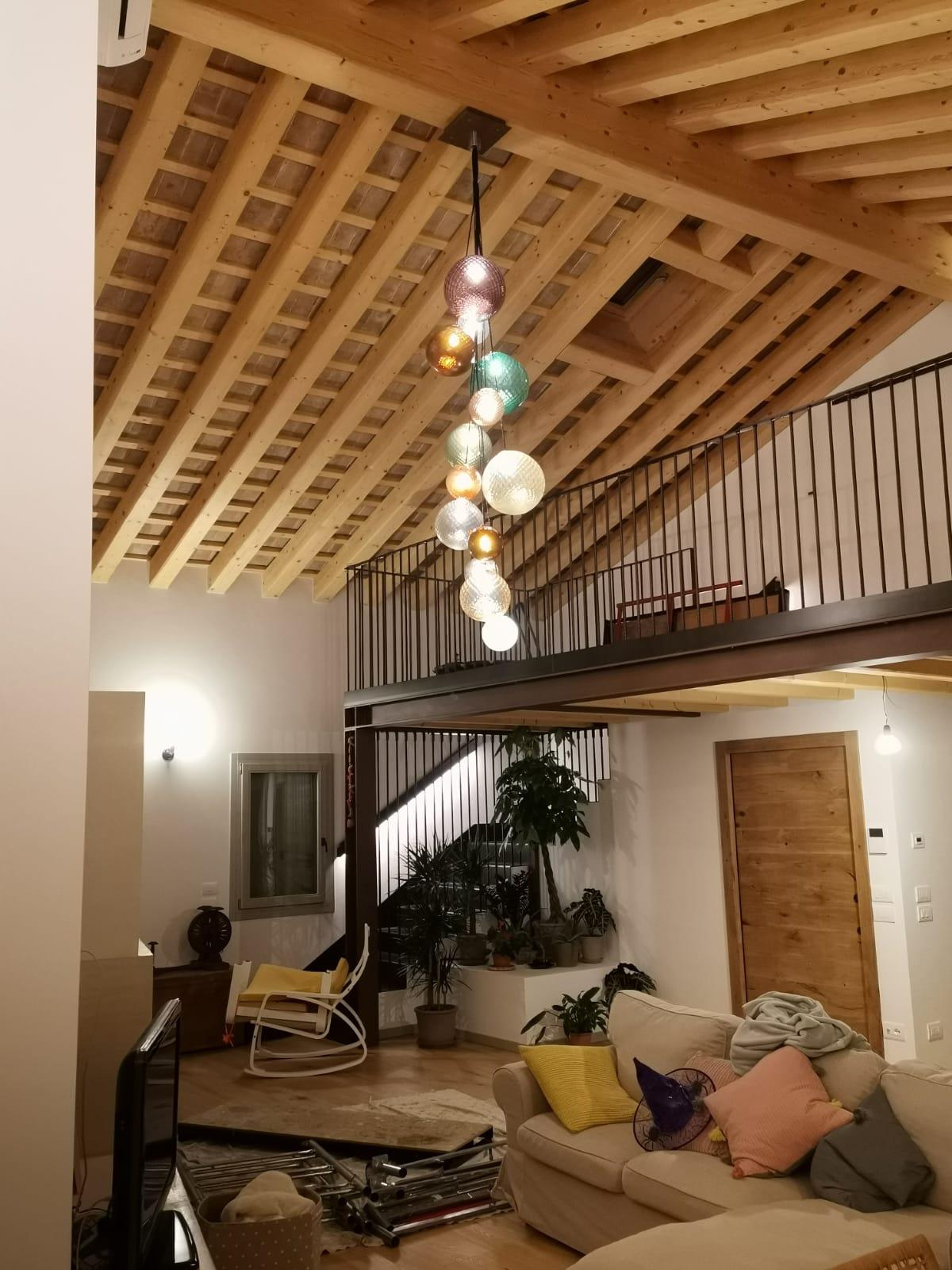 Italian lustre de plafond à 9 lumières avec des sphères en verre de Murano transparent et coloré en vente
