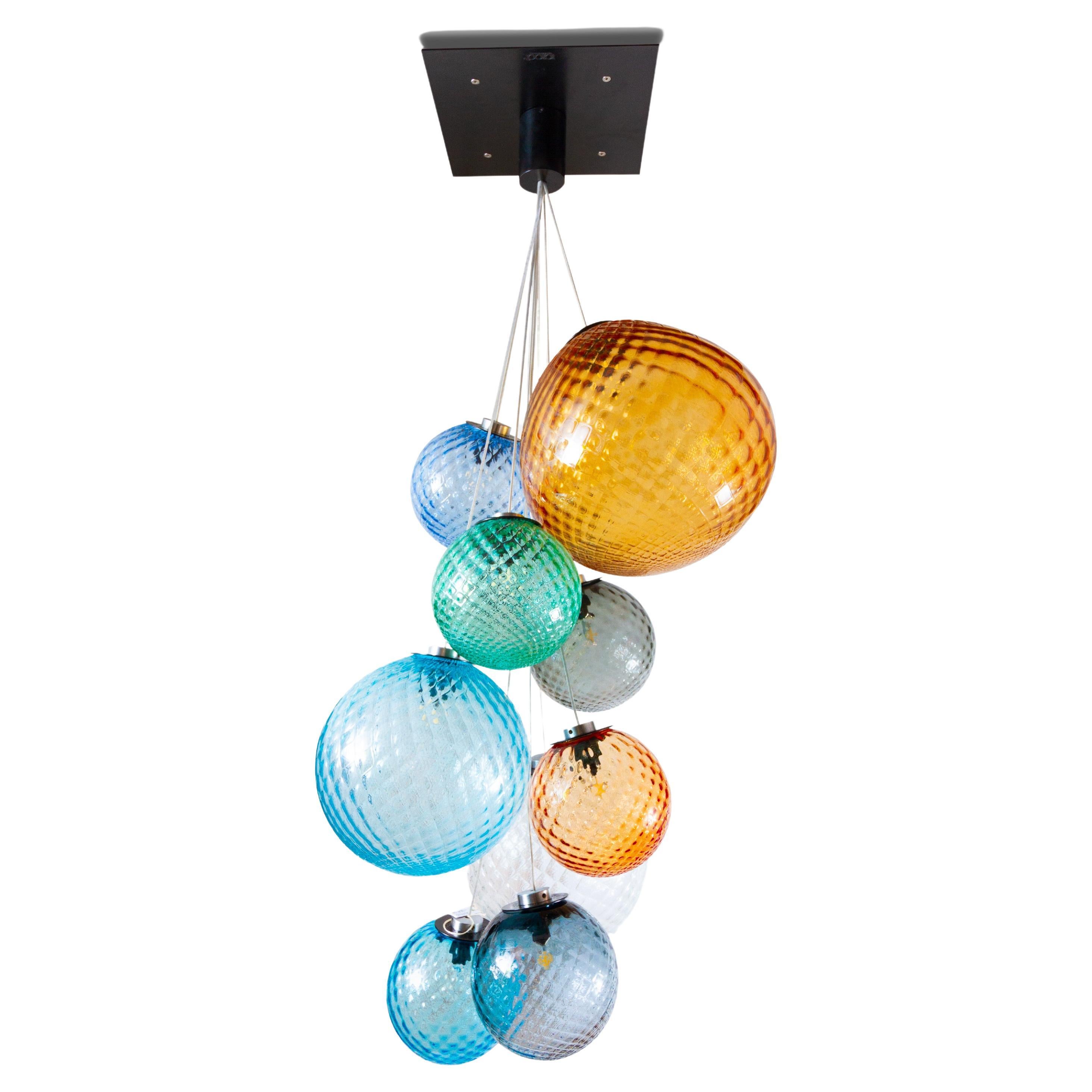 lustre de plafond à 9 lumières avec des sphères en verre de Murano transparent et coloré en vente