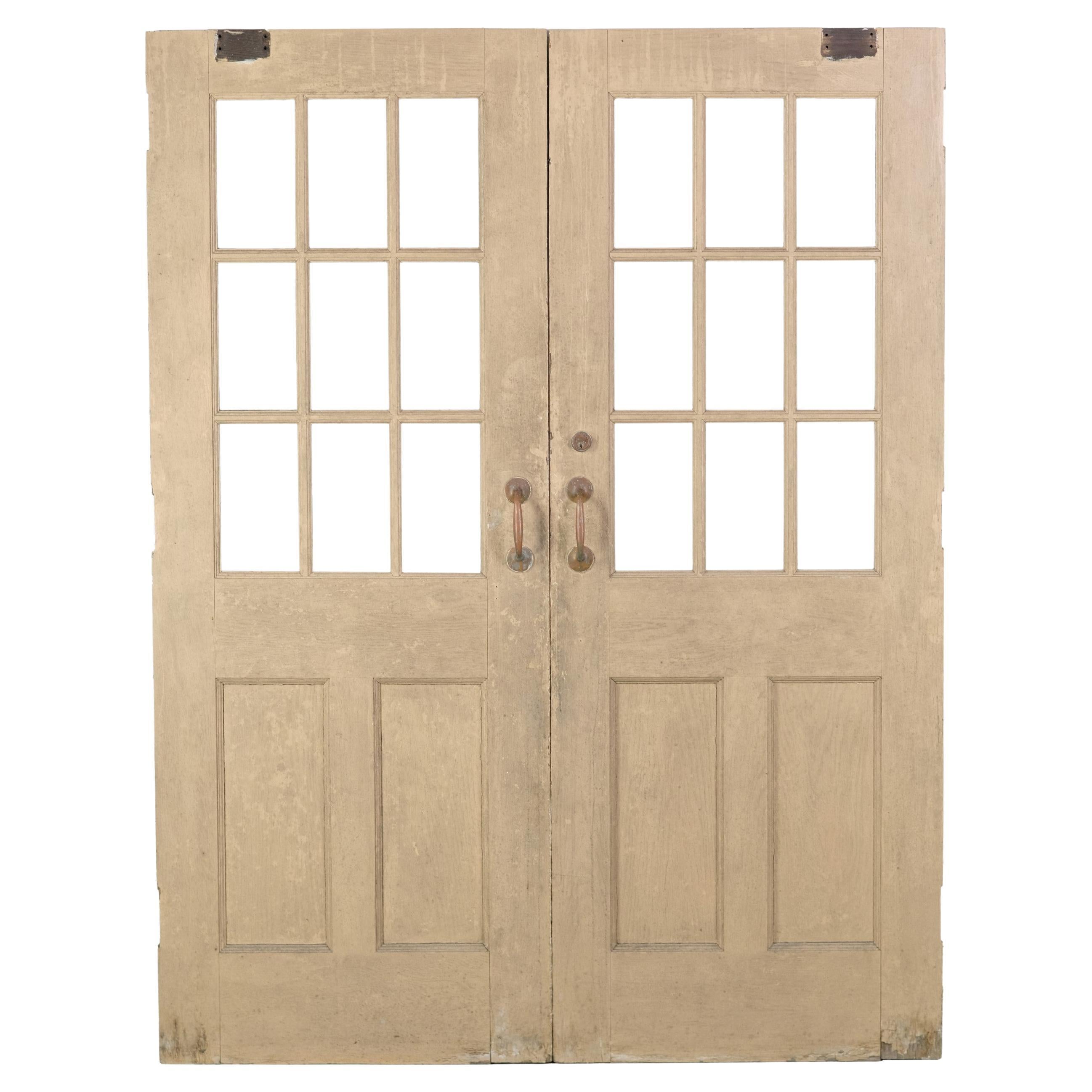 9 Lite & 2 Pane Oak Commercial Double Doors, Painted w/ Brass Pulls