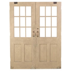 Antique 9 Lite & 2 Pane Oak Commercial Double Doors, Painted w/ Brass Pulls