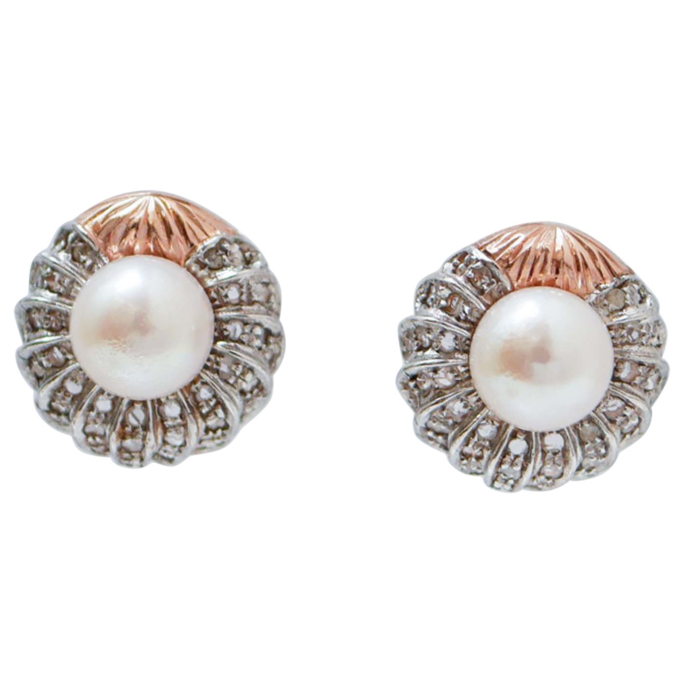 9 Mm Pearls, Diamonds, Rose Gold and Silver Earrings.