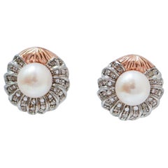 9 Mm Pearls, Diamonds, Rose Gold and Silver Earrings.