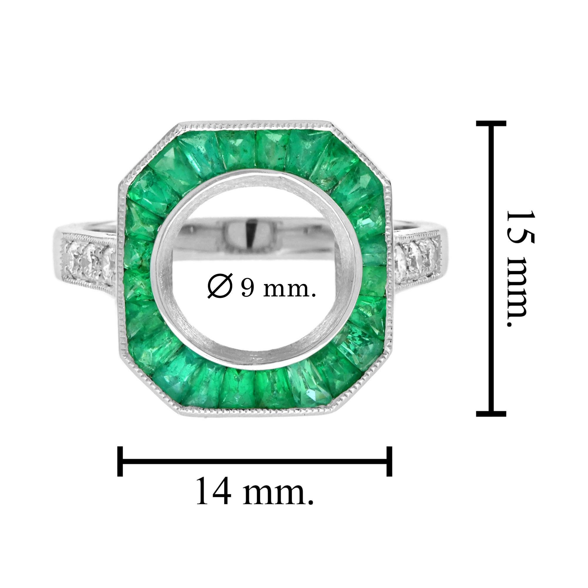 9 mm. Semi-Montierter Diamant-Smaragd-Ring im Art-déco-Stil aus Platin 950 für Damen oder Herren im Angebot
