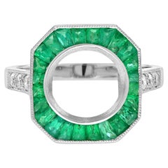 9 mm. Semi Mount Diamond Emerald Art Deco Style Ring in Platinum 950