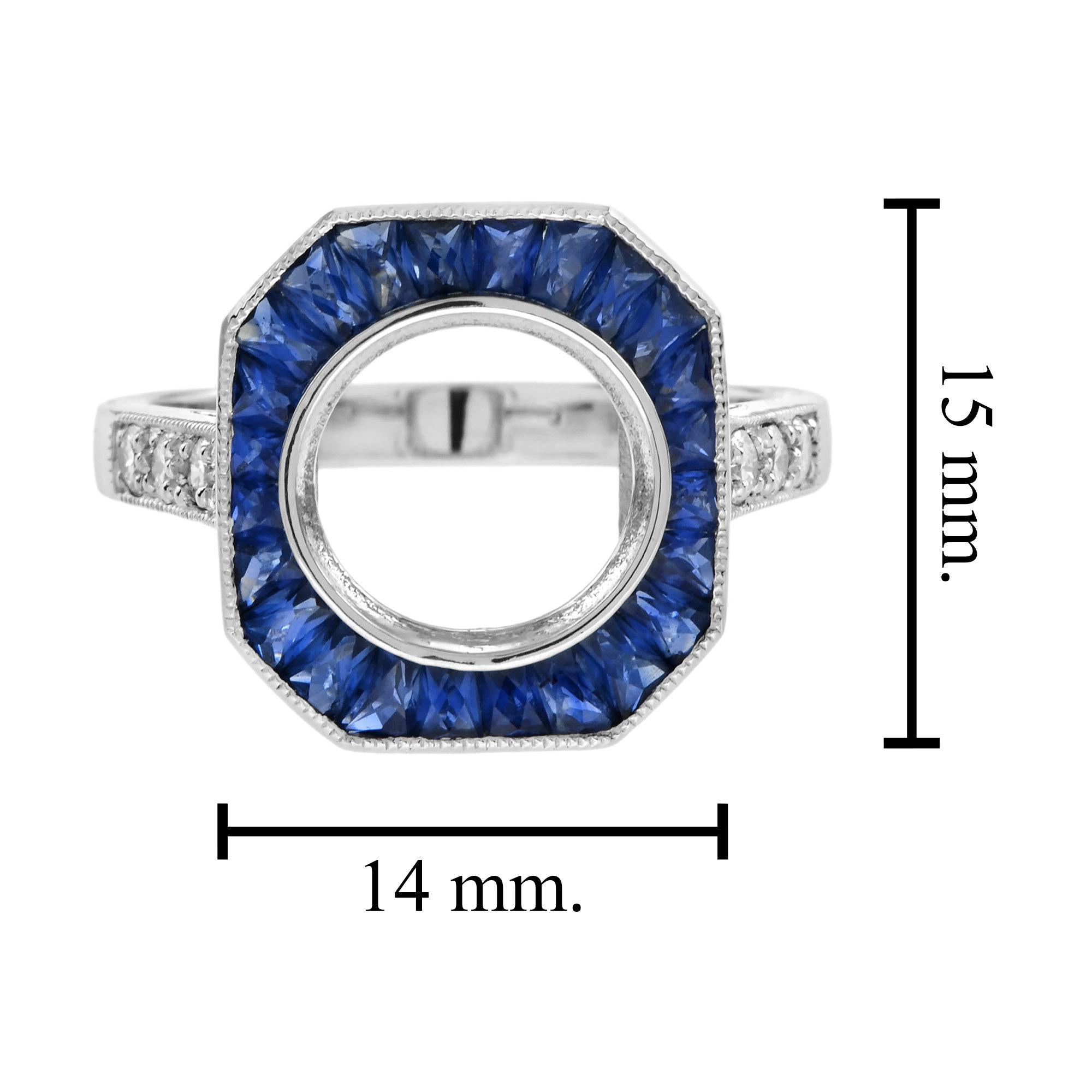 9 mm. Semi-Montierter Diamant-Saphir-Ring im Art-Déco-Stil aus Platin 950 für Damen oder Herren im Angebot