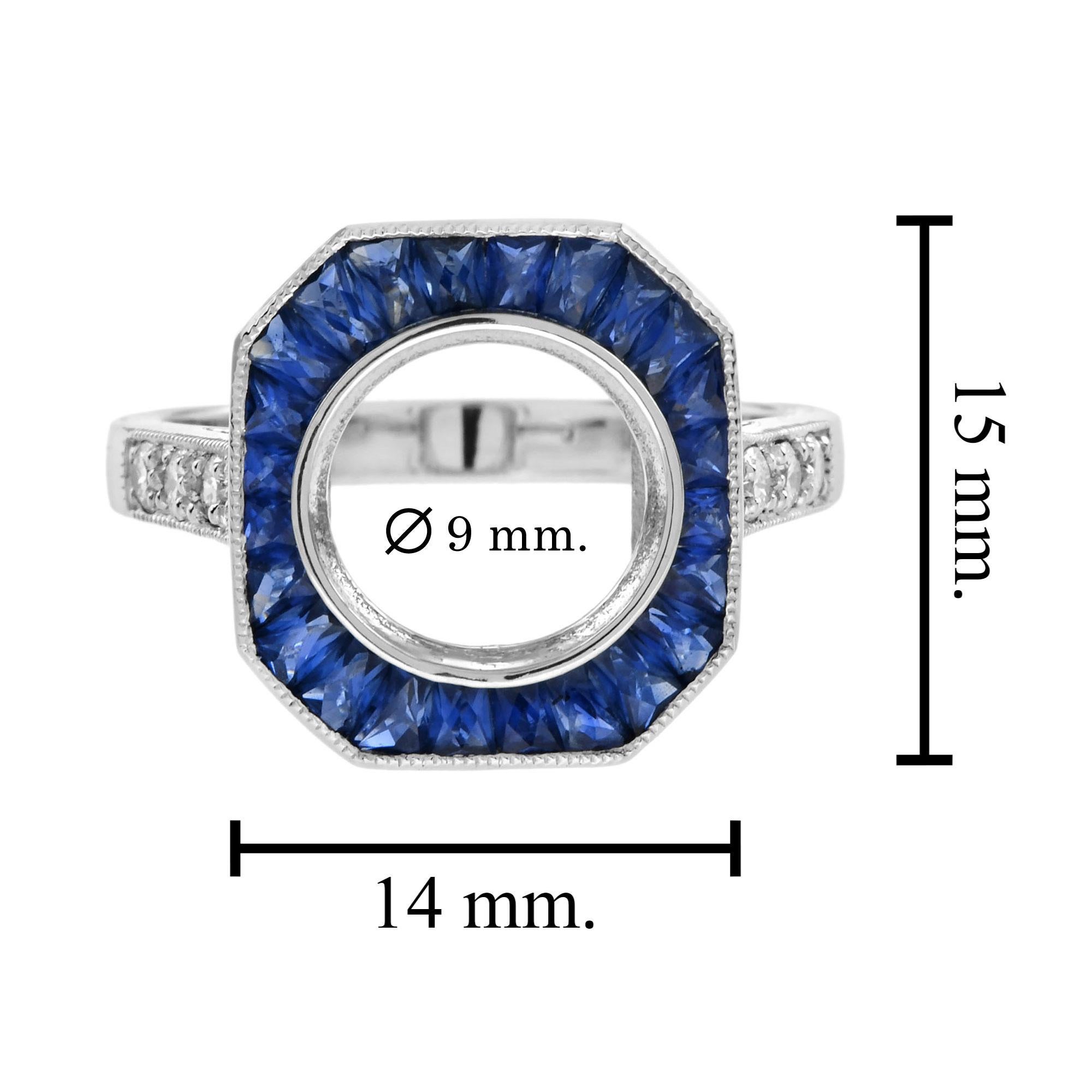 9 mm. Semi-Montierter Diamant-Saphir-Ring im Art-Déco-Stil aus Platin 950 im Angebot 1