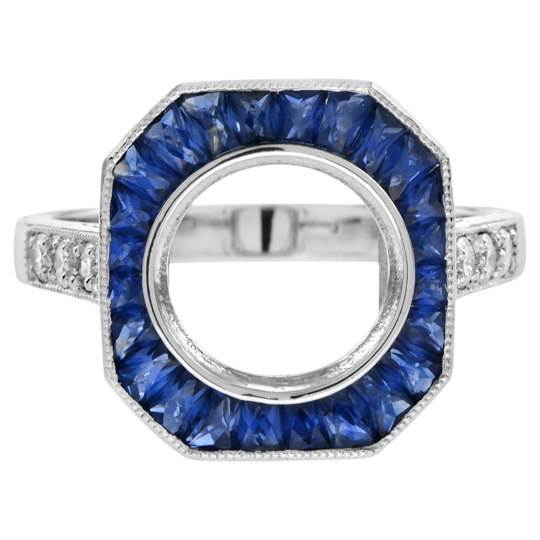 9 mm. Semi-Montierter Diamant-Saphir-Ring im Art-Déco-Stil aus Platin 950 im Angebot