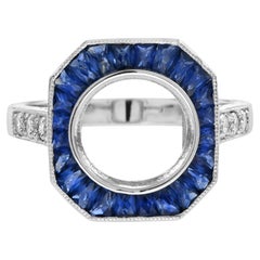 9 mm. Anello semi-montato con diamante e zaffiro in stile Art Deco in platino 950