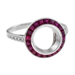 9 mm. Semi Mount Ruby Diamond Art Deco Style Target Engagement Ring in Platinum