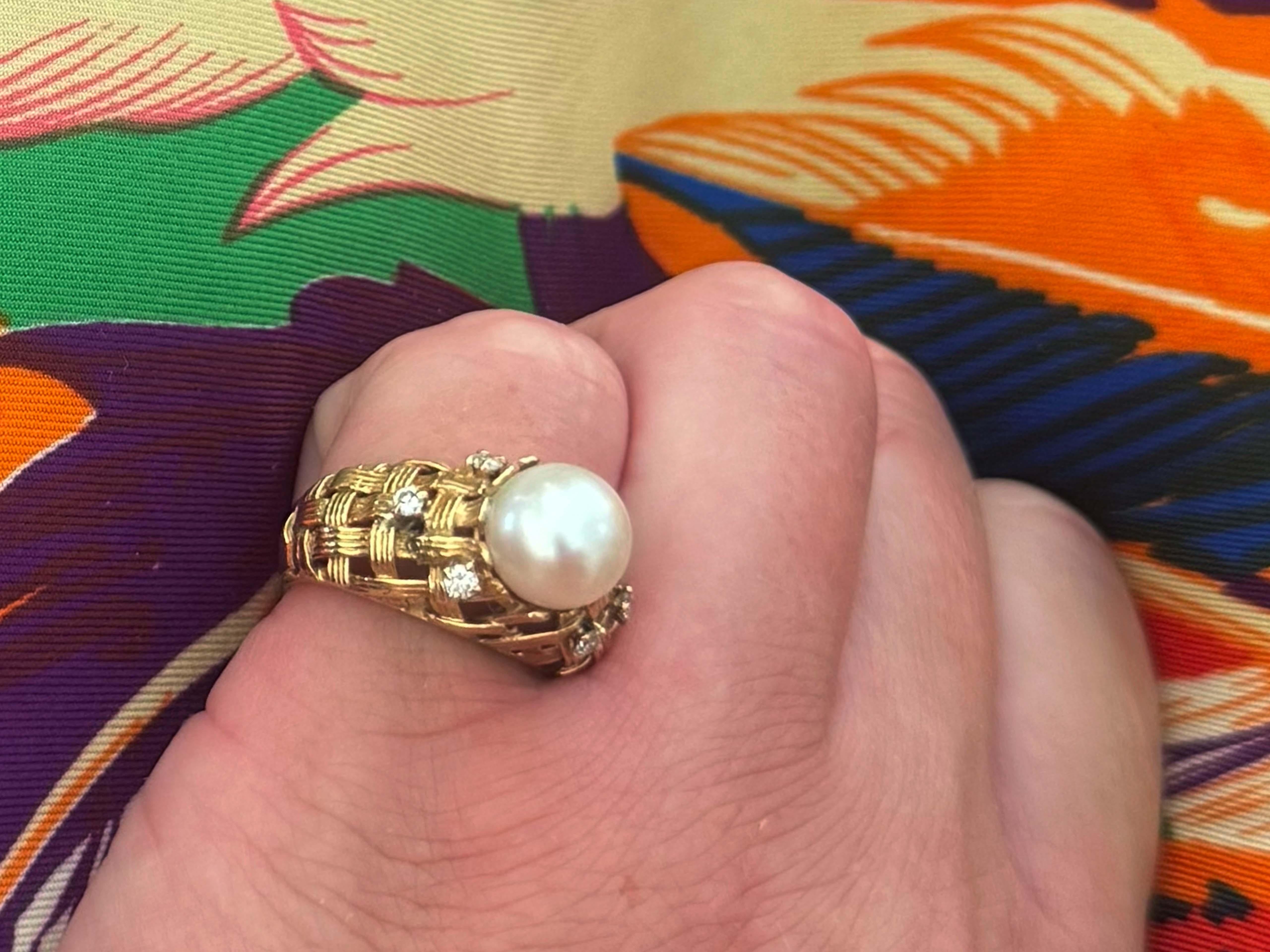 Ring Specifications:

Metal: 18k Yellow Gold

Total Weight: 8.2 Grams

Pearl Diameter: 9 mm

Pearl Count: 1 white akoya pearl

Diamond Count: 6 round brilliant cut

Diamond Color: G-H

Diamond Clarity: VS2-SI1

Diamond Carat Weight: ~0.18