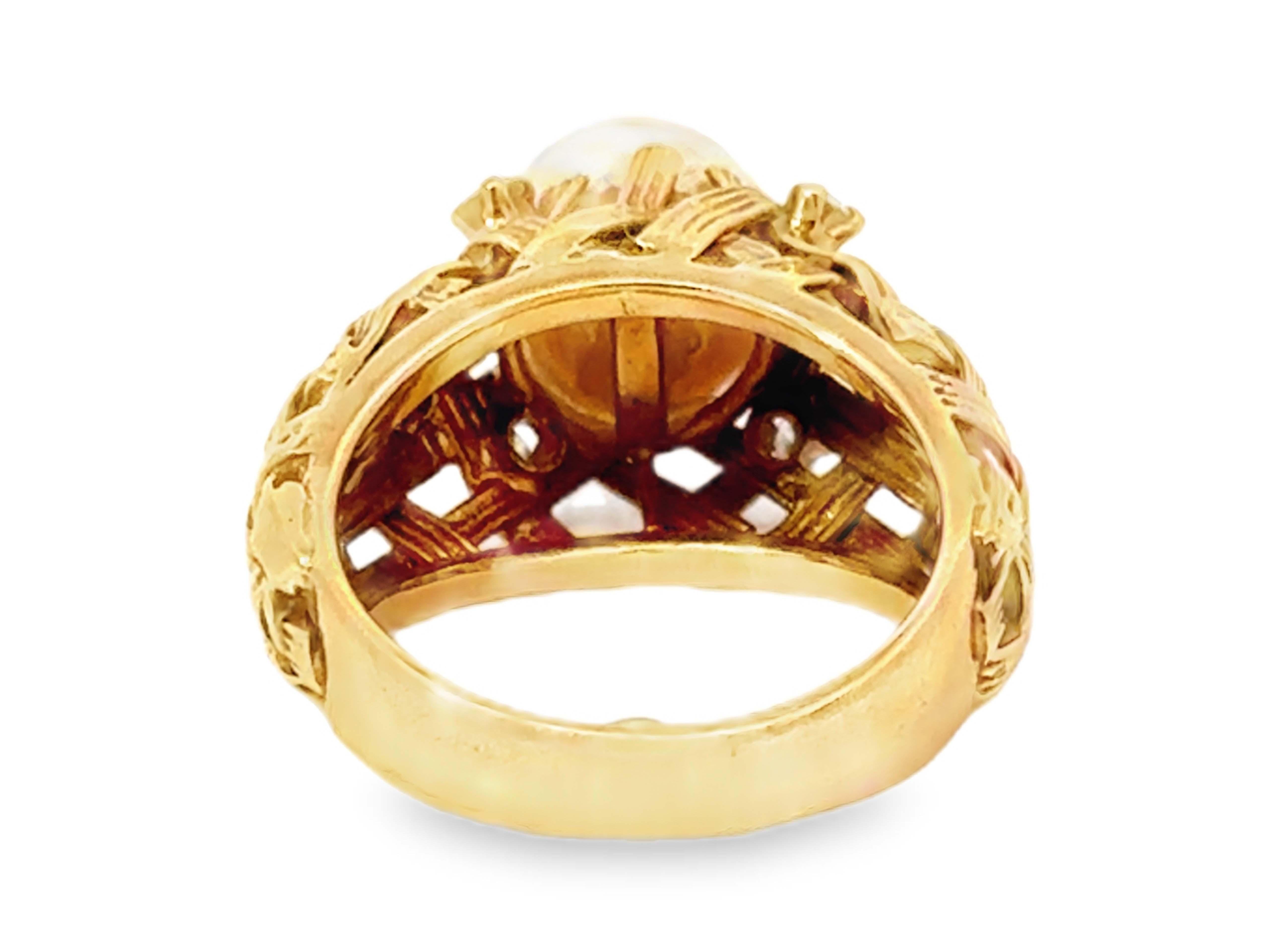 9 Mm White Akoya Pearl and Diamond Quilt Band Ring 18k Yellow Gold For Sale 3