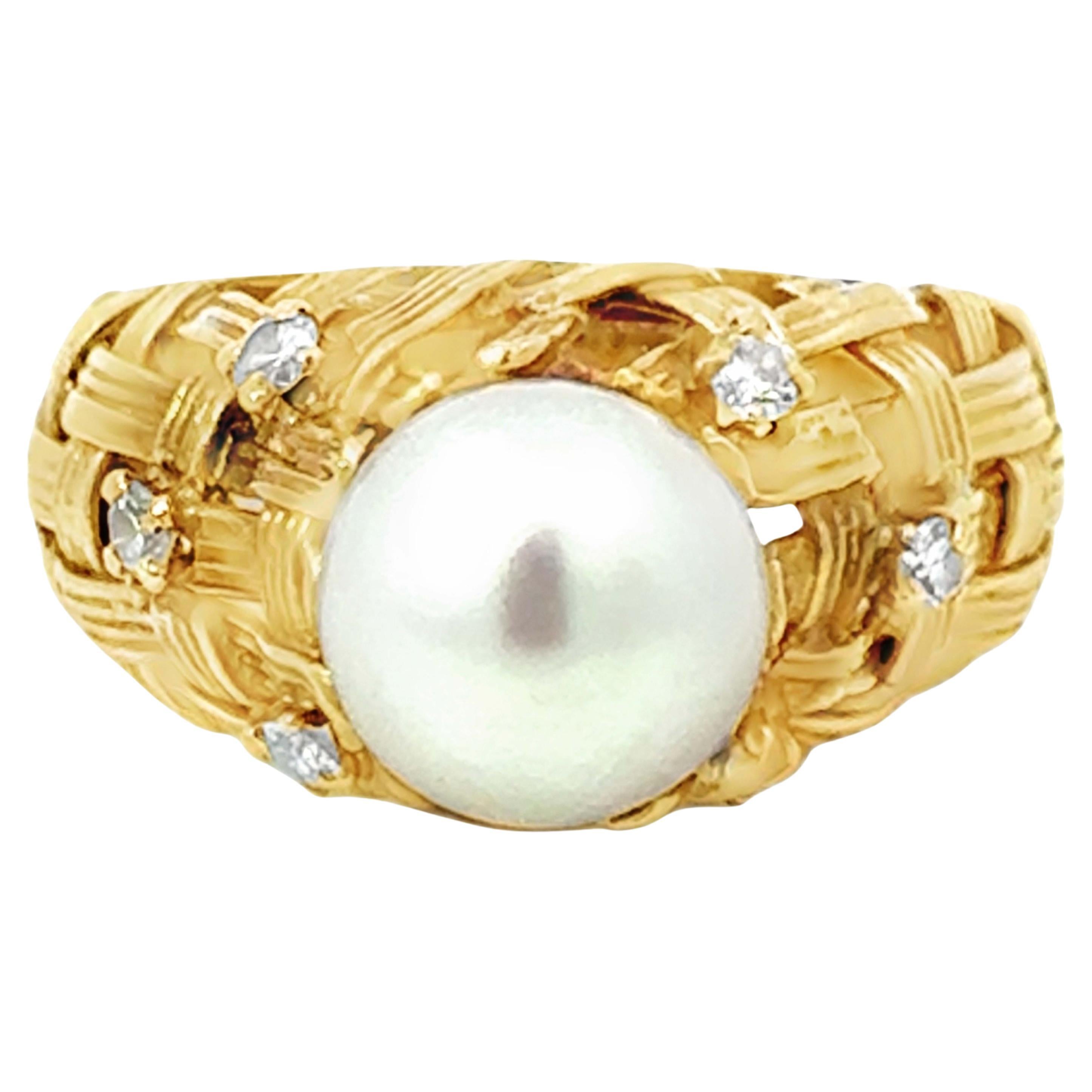 9 Mm White Akoya Pearl and Diamond Quilt Band Ring 18k Yellow Gold
