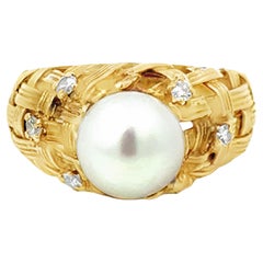 9 Mm White Akoya Pearl and Diamond Quilt Band Ring 18k Yellow Gold