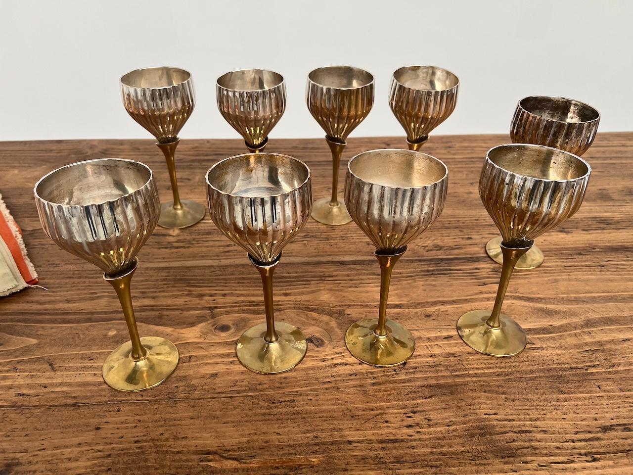 Mid-Century Modern 9 old French glasses in silver metal and brass For Sale