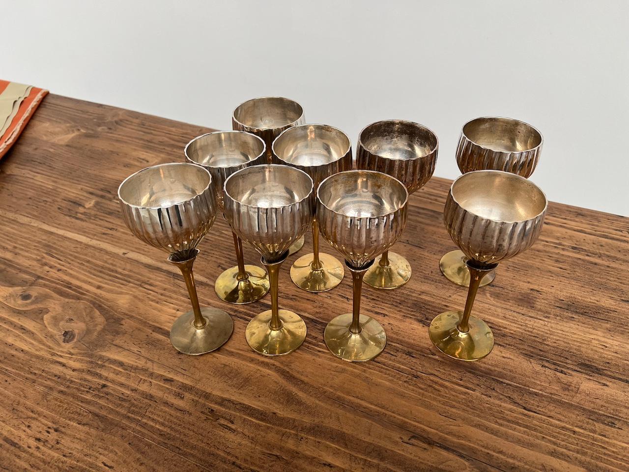 Steel 9 old French glasses in silver metal and brass For Sale