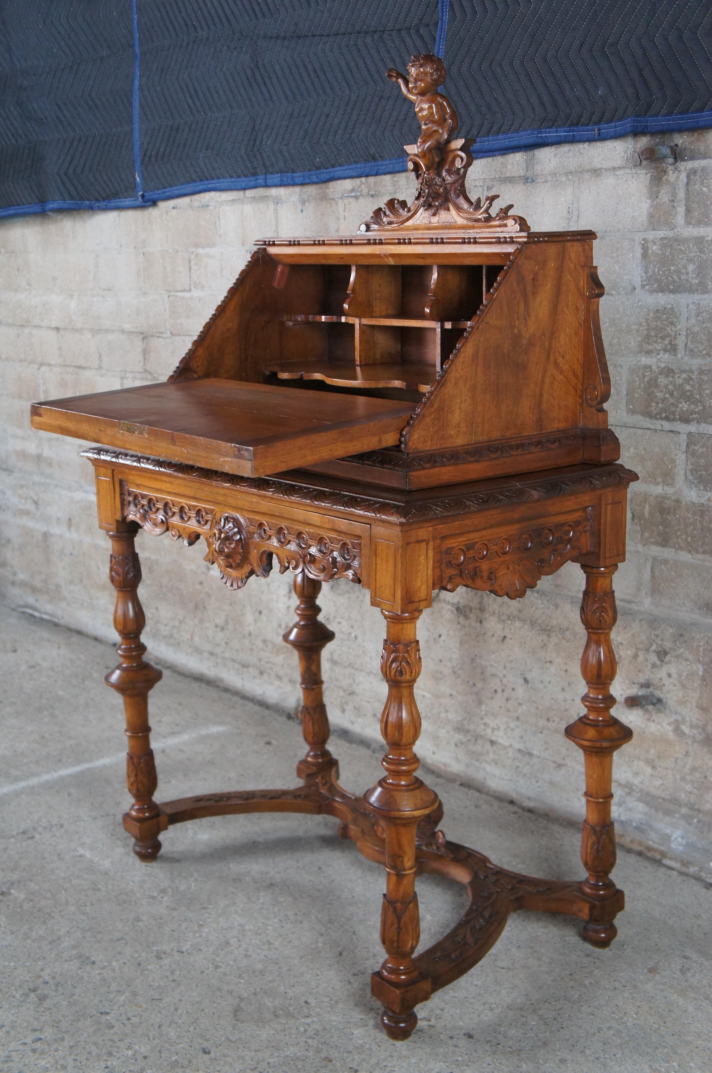 9 Pc Set Antique Italian Renaissance Revival Carved Walnut Chairs Settee Desks For Sale 5