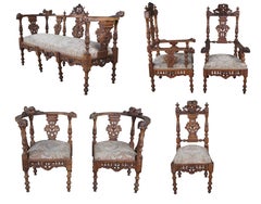 9 Pc Set Antique Italian Renaissance Revival Carved Walnut Chairs Settee Desks