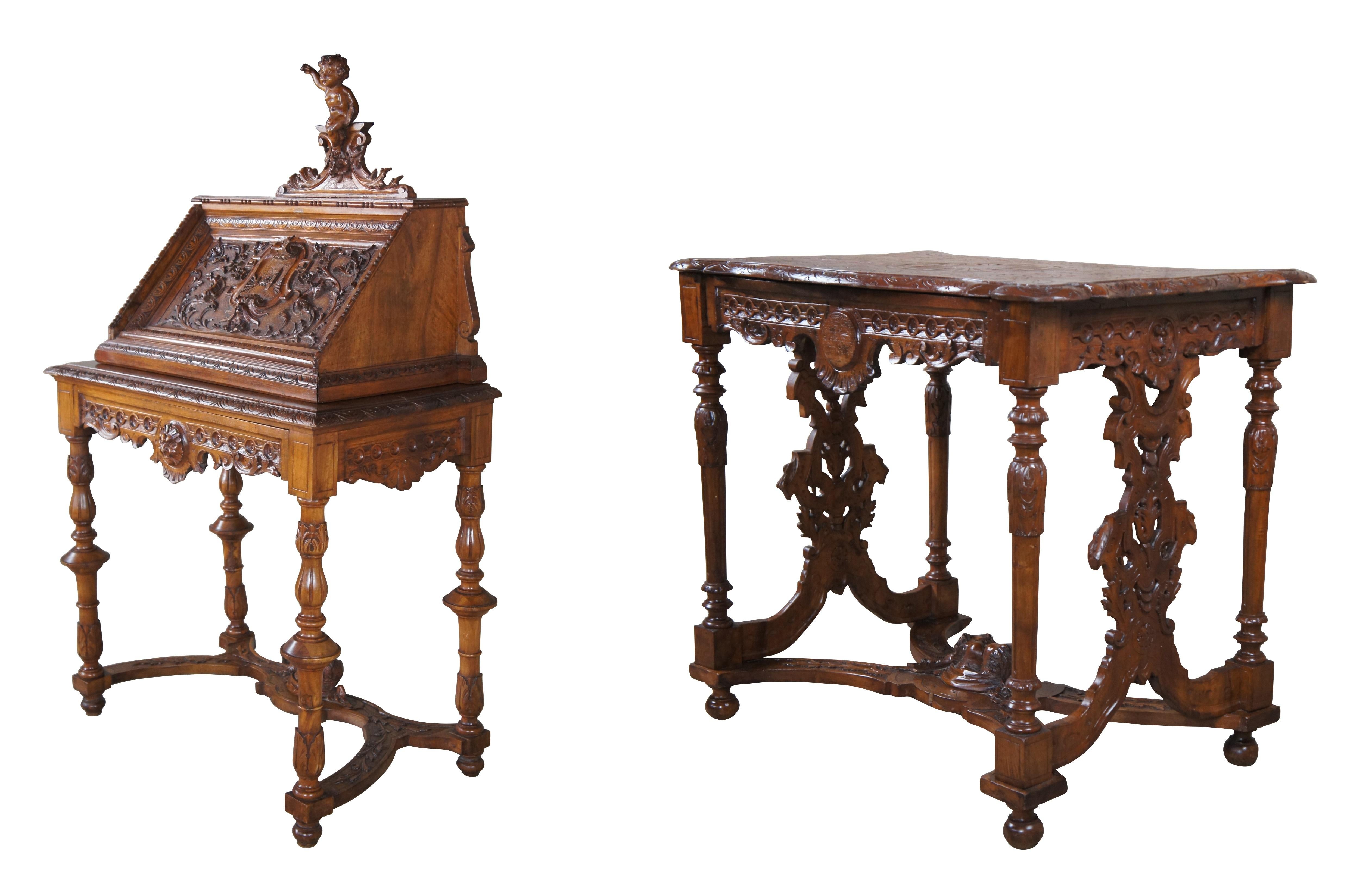 9 Pc Set Antique Italian Renaissance Revival Carved Walnut Chairs Settee Desks In Fair Condition For Sale In Dayton, OH