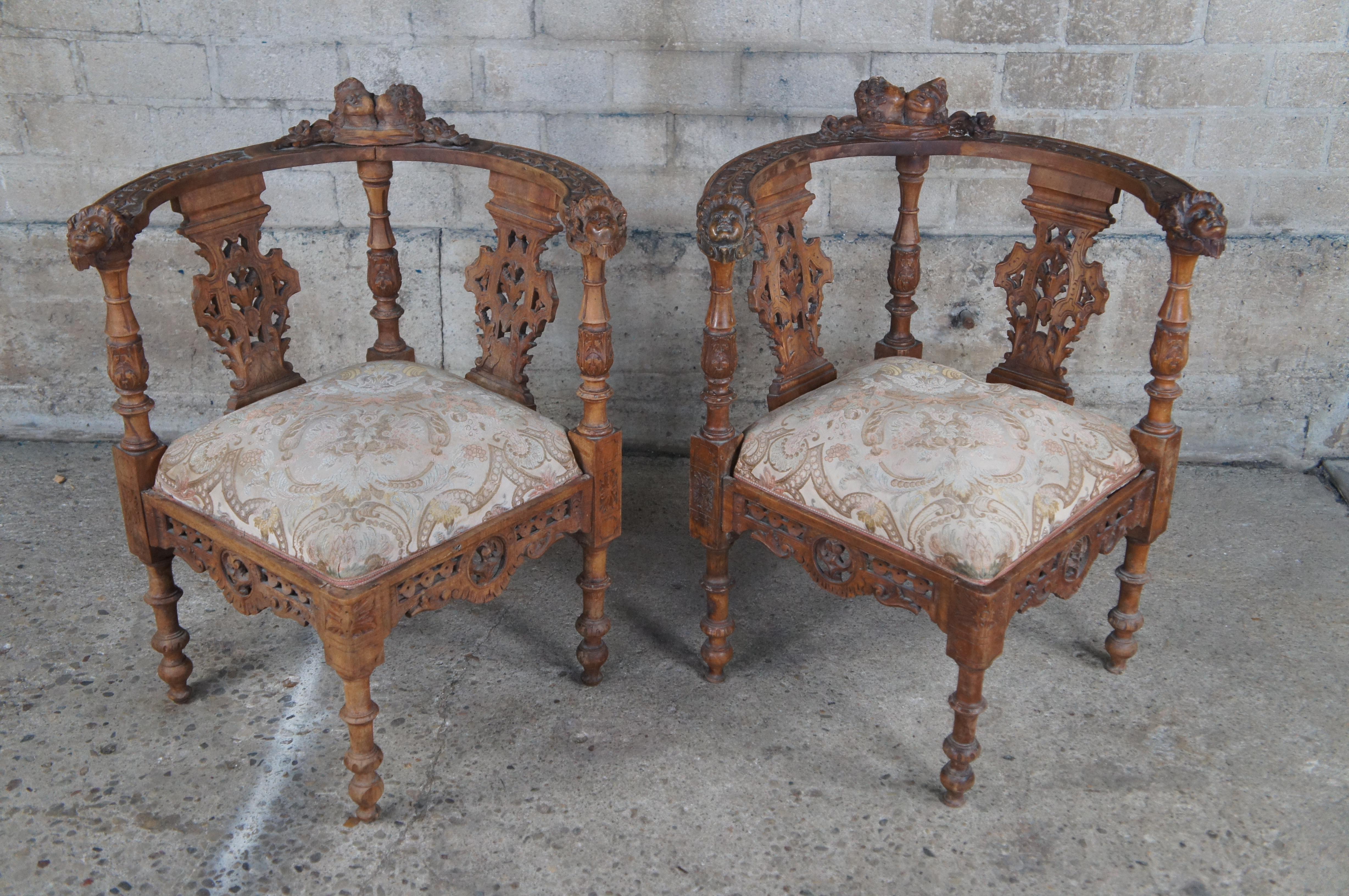 Late 19th Century 9 Pc Set Antique Italian Renaissance Revival Carved Walnut Chairs Settee Desks For Sale