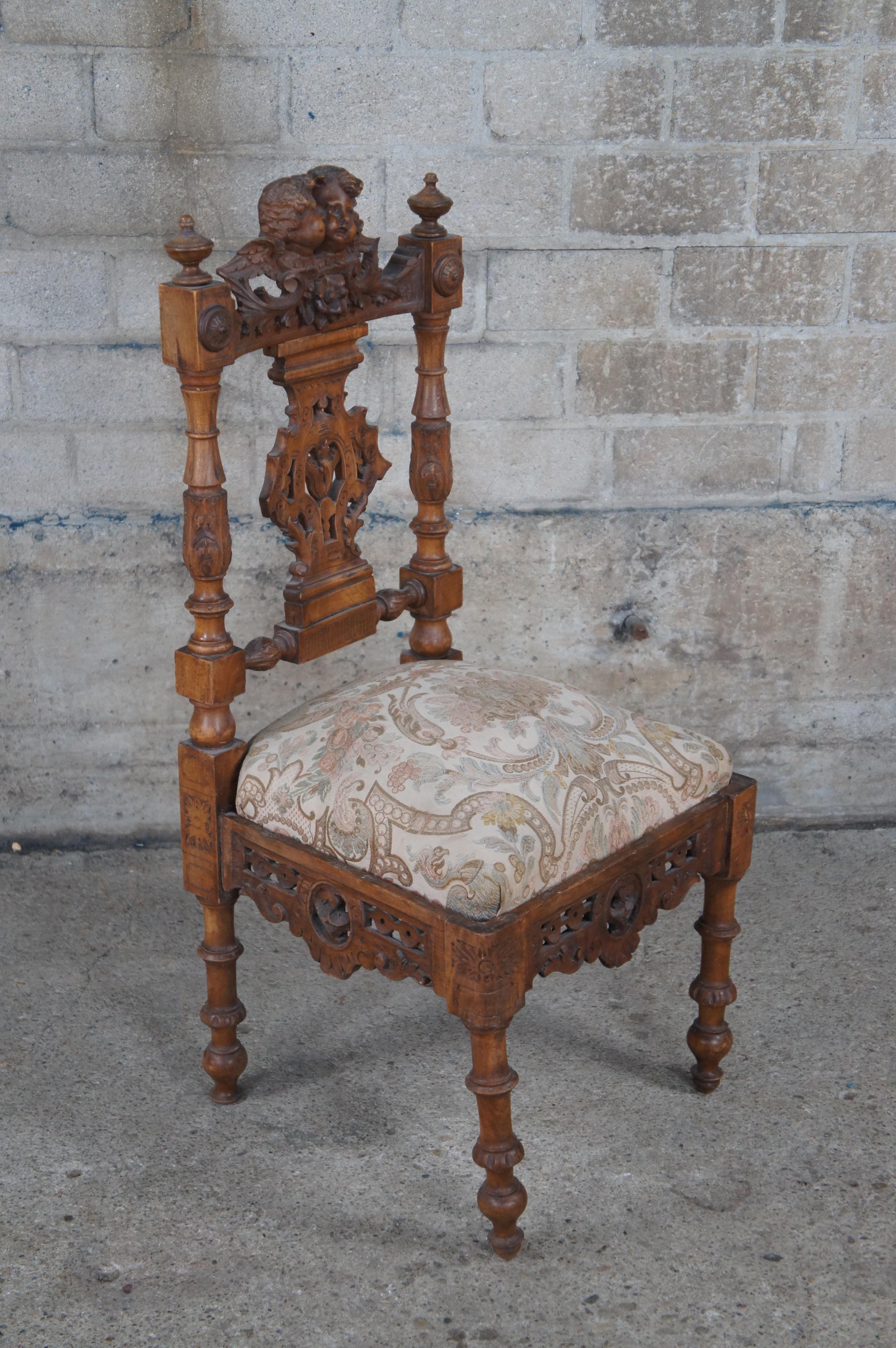 Upholstery 9 Pc Set Antique Italian Renaissance Revival Carved Walnut Chairs Settee Desks For Sale