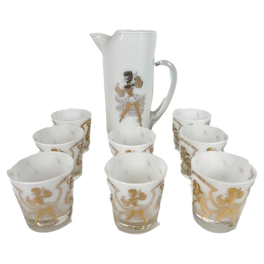 9 Piece Calypso Themed Cocktail Pitcher Set, Pitcher & 8 Old Fashioned Glasses For Sale