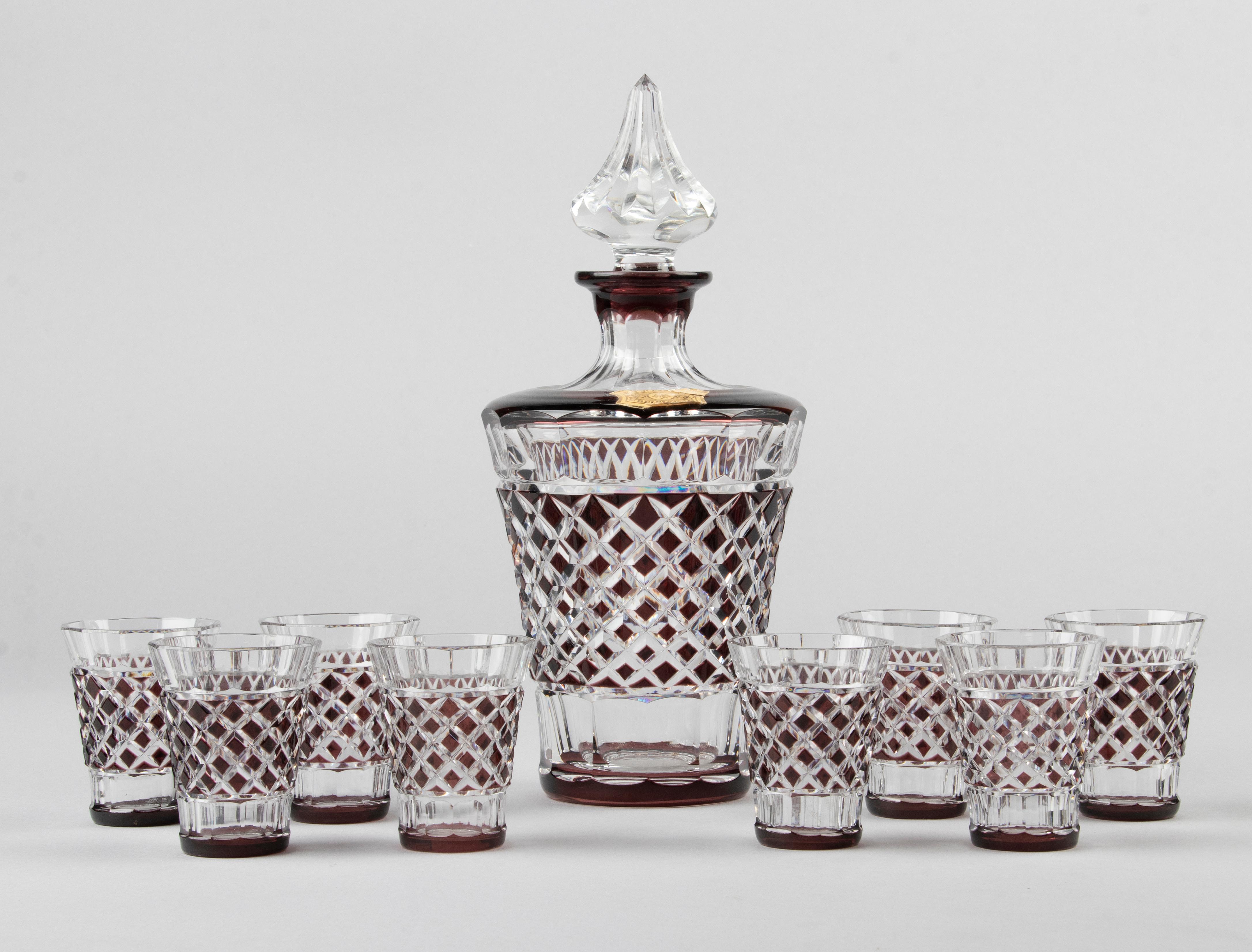 Mid-Century Modern 9-Piece Crystal Decanter with Glasses Made by Val Saint Lambert