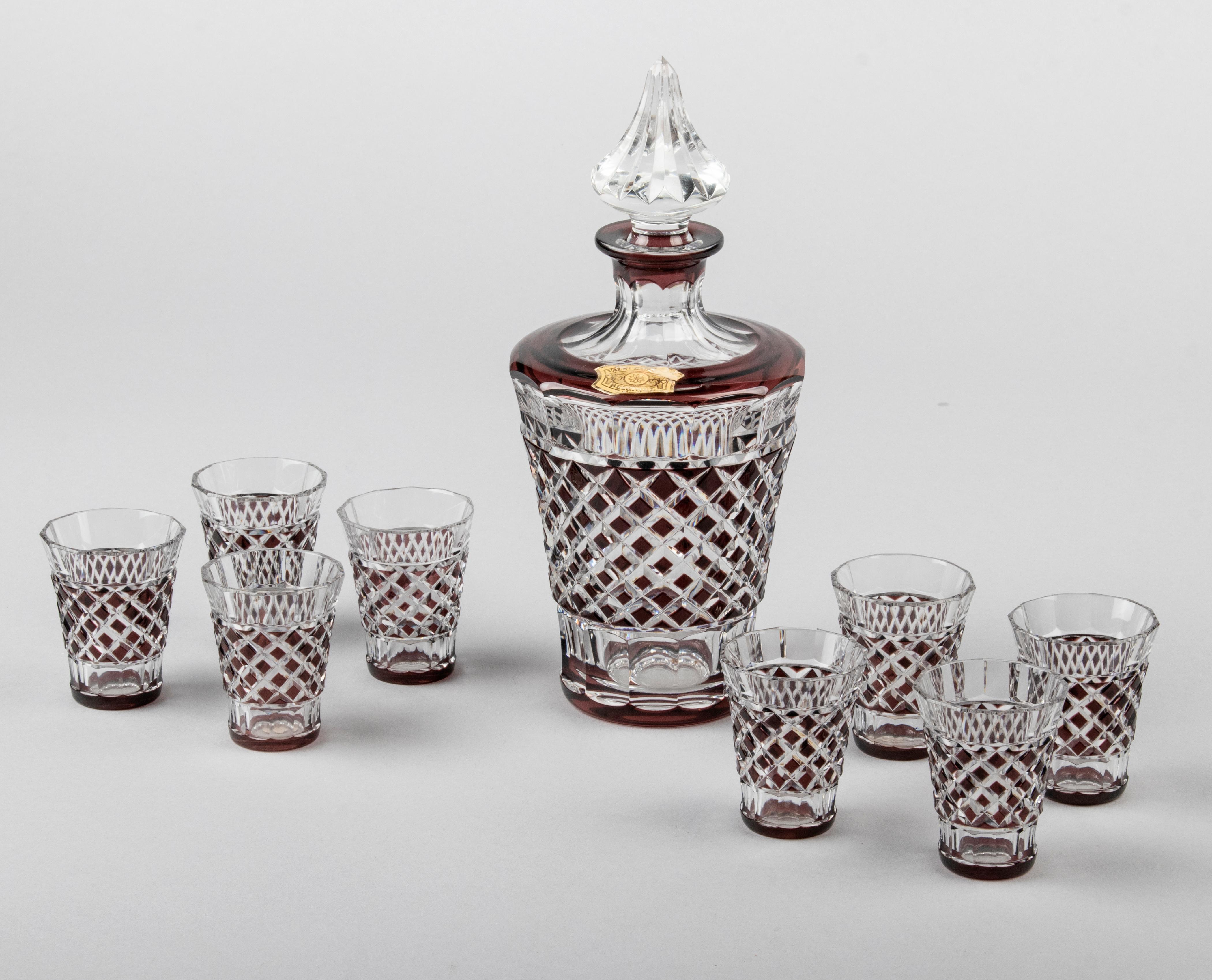 Hand-Crafted 9-Piece Crystal Decanter with Glasses Made by Val Saint Lambert