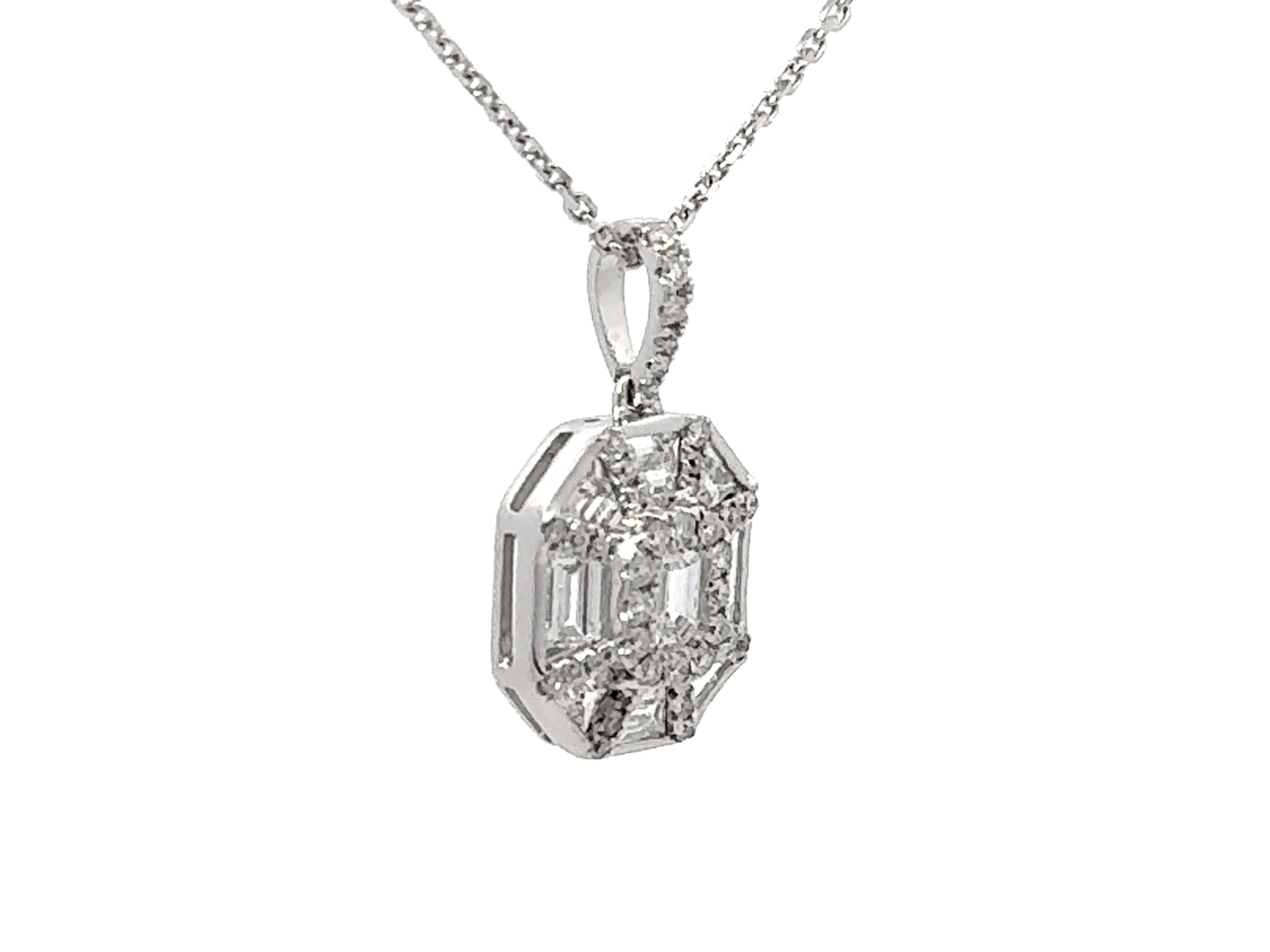 Modern 9 Piece Emerald Diamond Pendant Necklace 18k White Gold For Sale