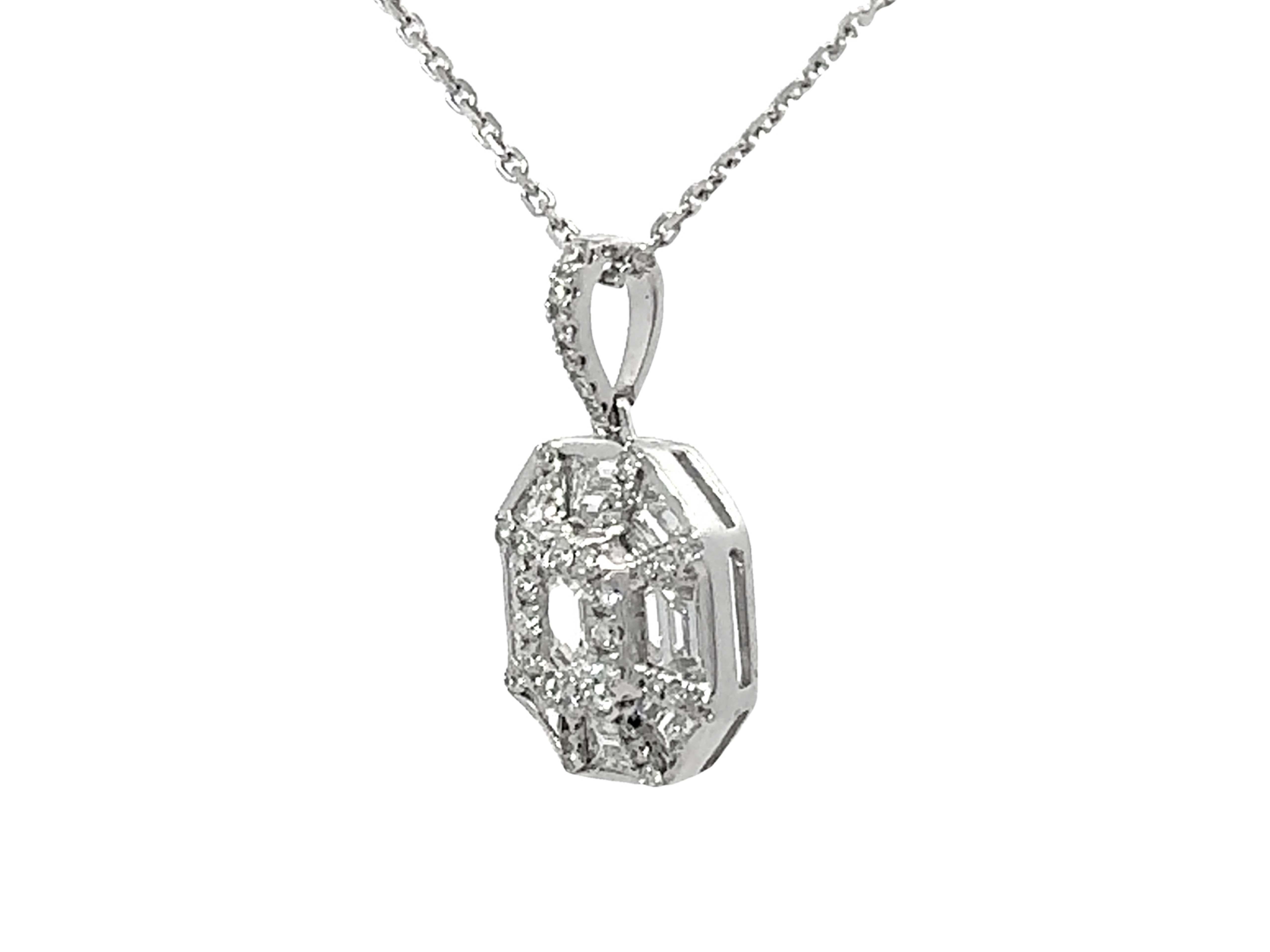 Emerald Cut 9 Piece Emerald Diamond Pendant Necklace 18k White Gold For Sale
