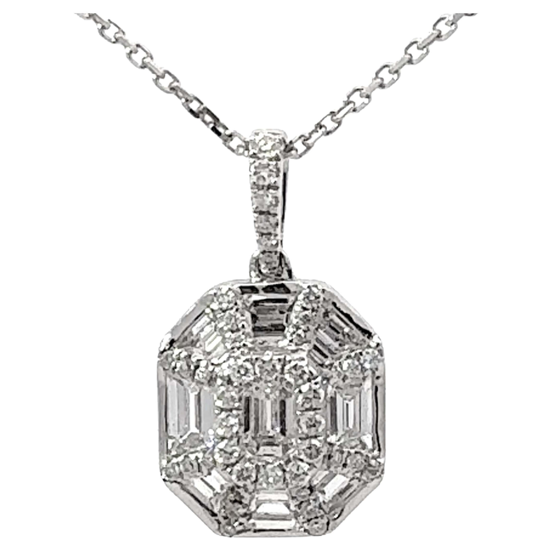 9 Piece Emerald Diamond Pendant Necklace 18k White Gold For Sale