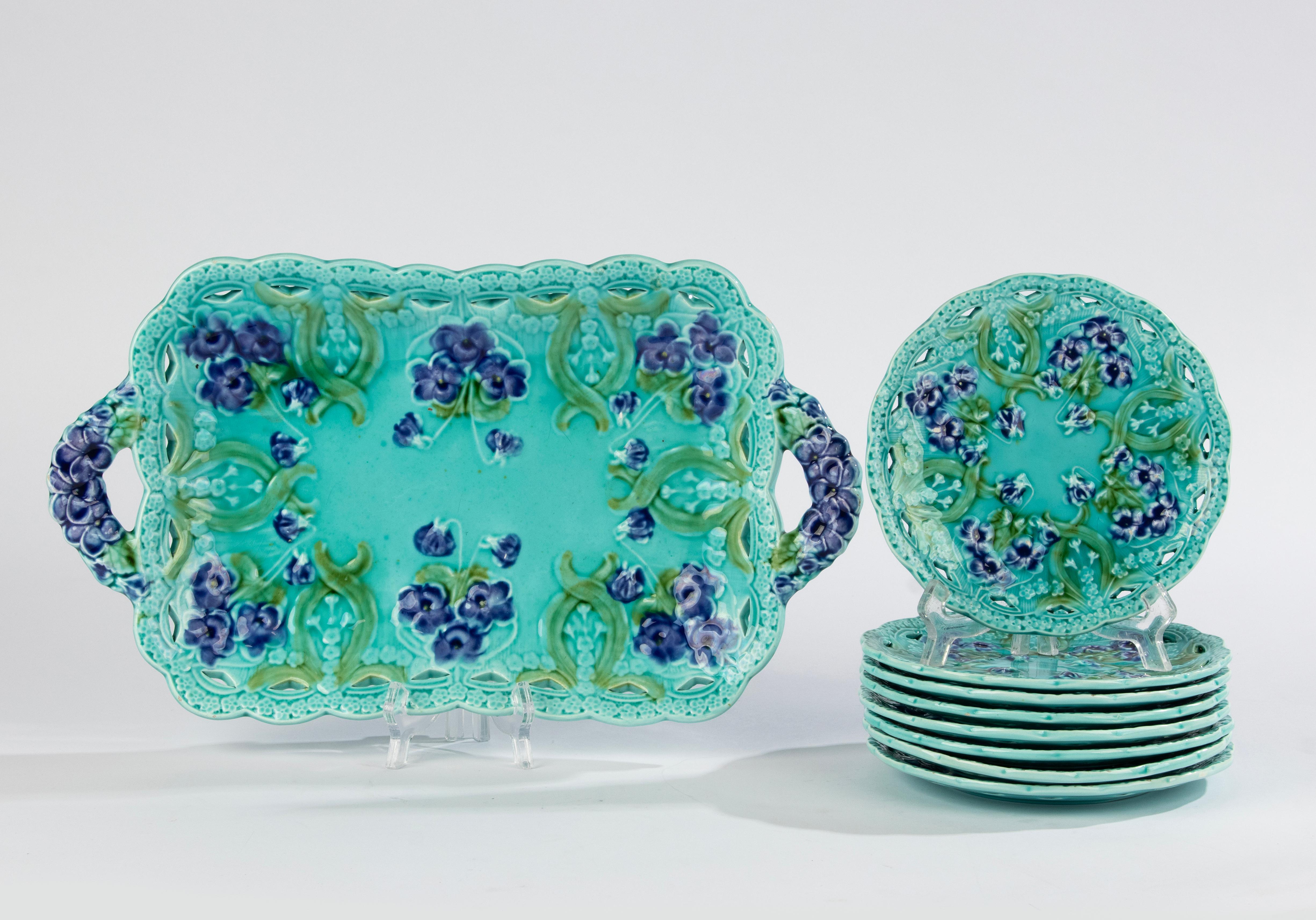 Luxembourgish 9-Piece Majolica Ceramic Cake Set - Villeroy & Boch - Art Nouveau  For Sale