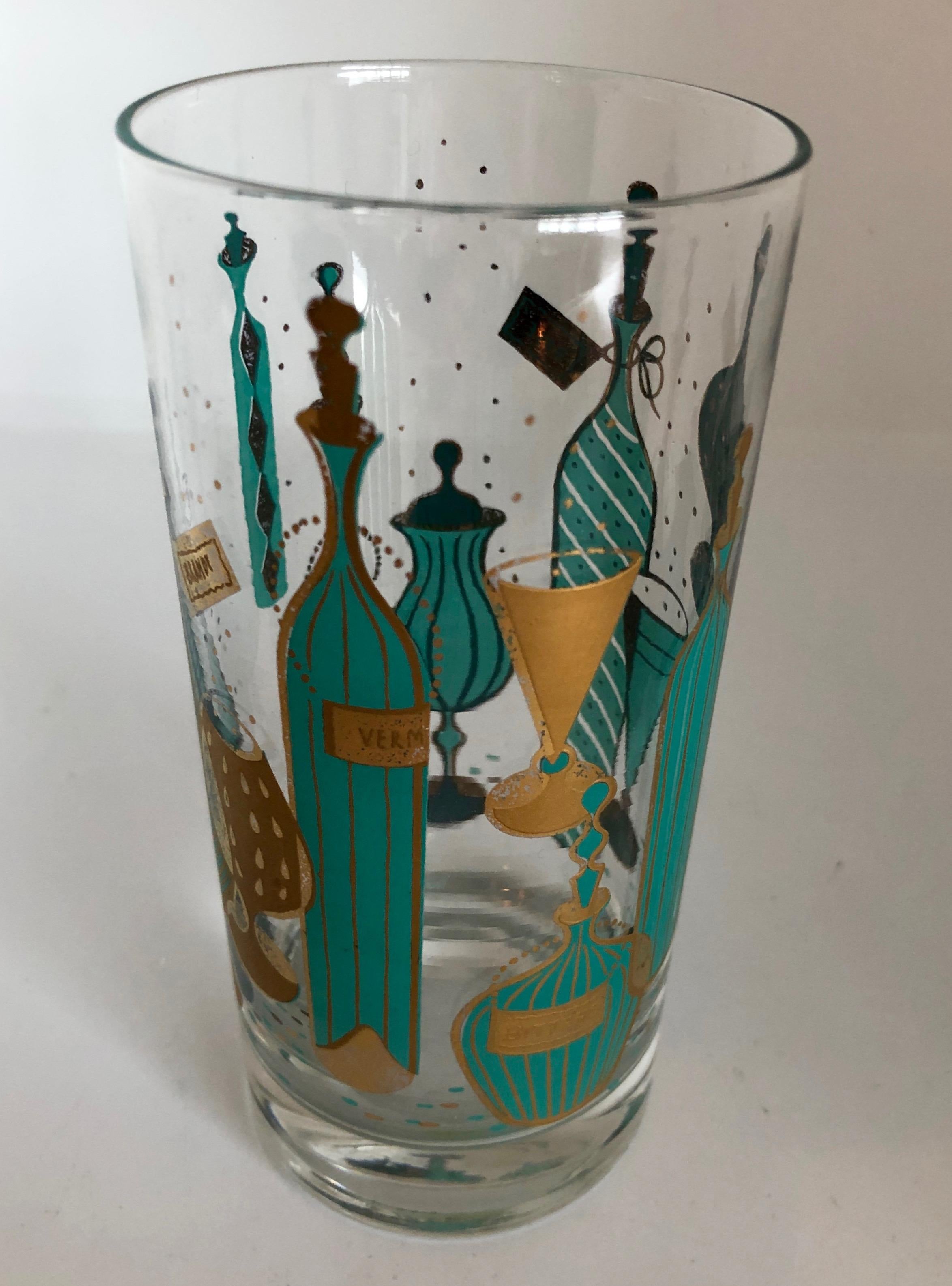 9-Piece Set of Aqua & Gold Print on Clear Glass Cocktail Glasses w/ Brass Caddy 1