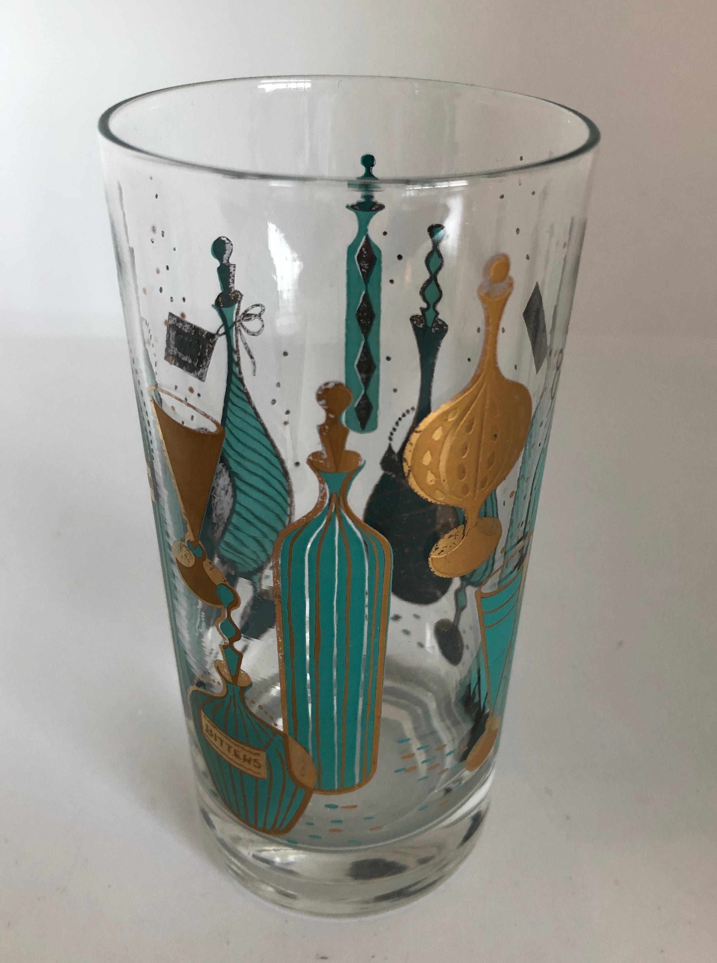 9-Piece Set of Aqua & Gold Print on Clear Glass Cocktail Glasses w/ Brass Caddy 2
