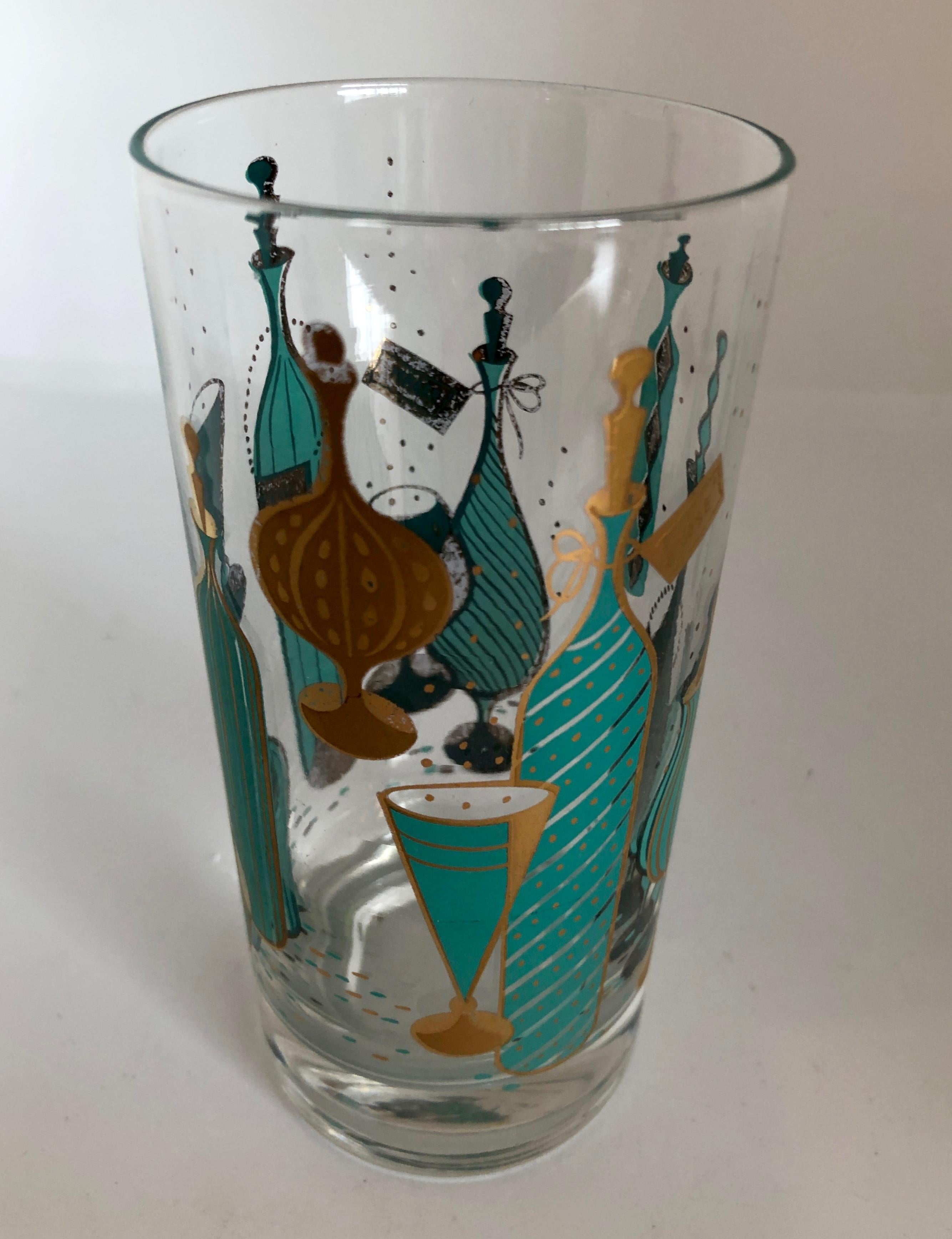 9-Piece Set of Aqua & Gold Print on Clear Glass Cocktail Glasses w/ Brass Caddy 3