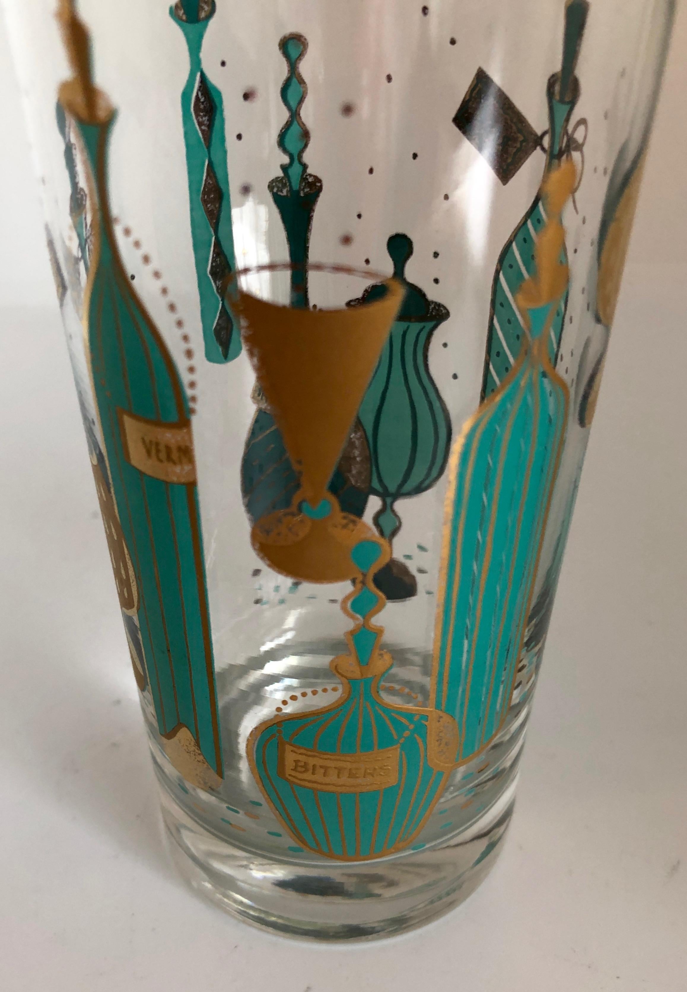 9-Piece Set of Aqua & Gold Print on Clear Glass Cocktail Glasses w/ Brass Caddy 4