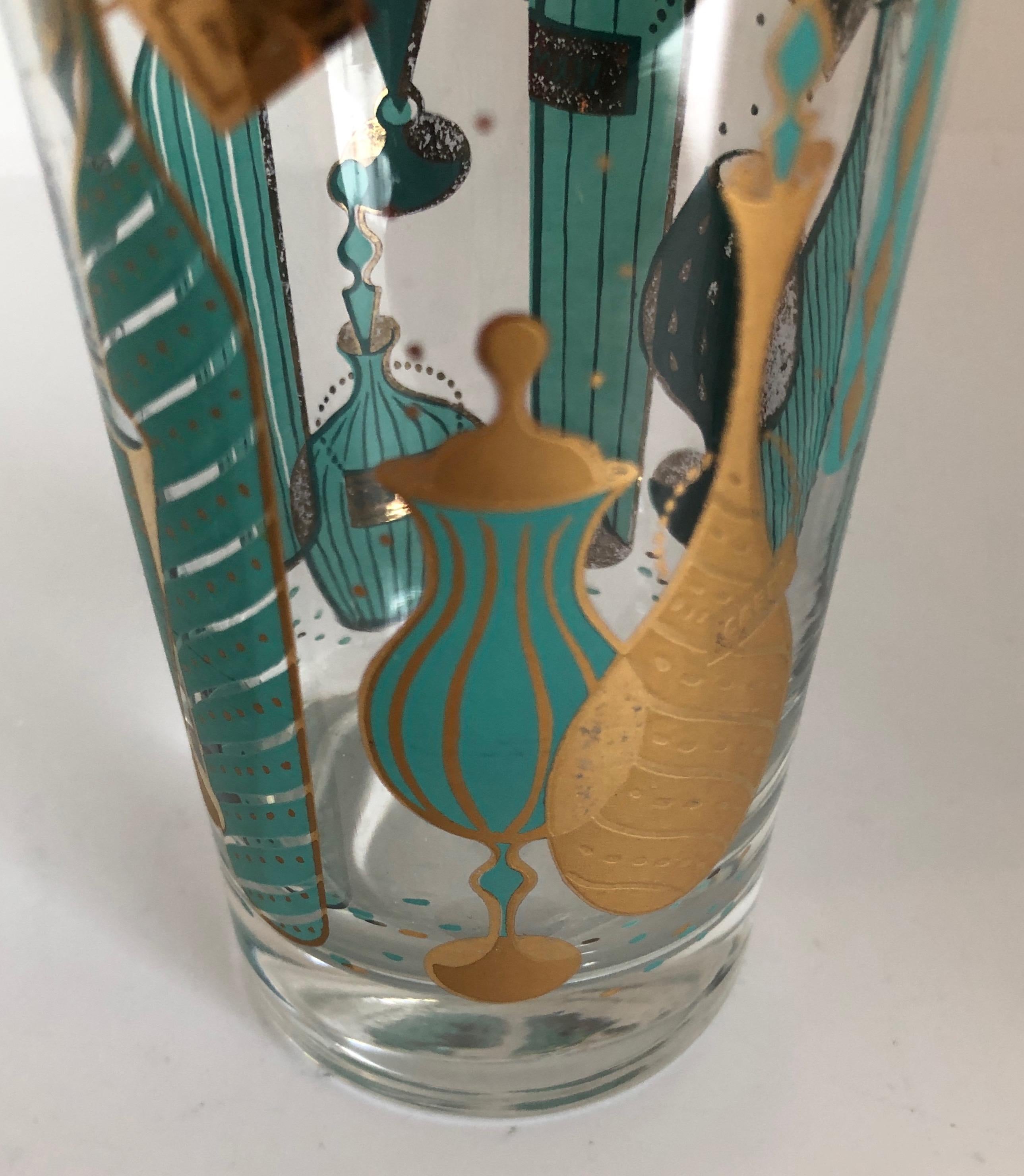 9-Piece Set of Aqua & Gold Print on Clear Glass Cocktail Glasses w/ Brass Caddy 5