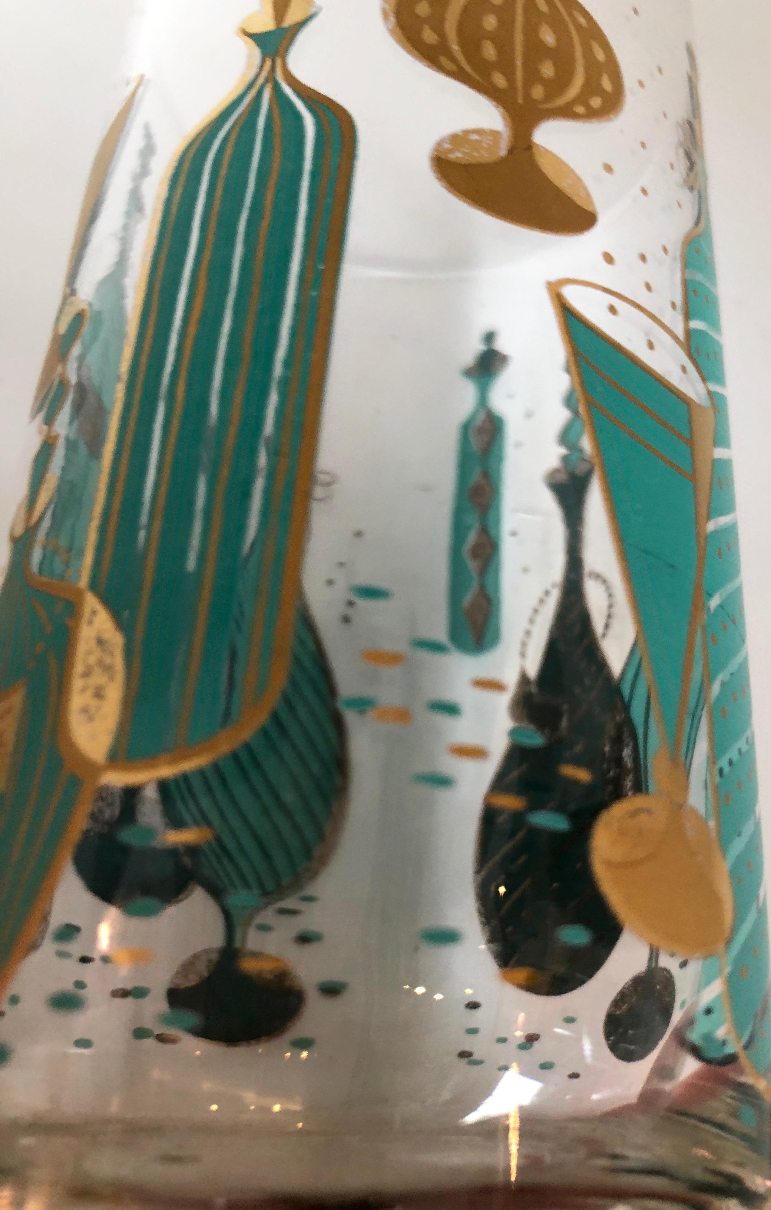 9-Piece Set of Aqua & Gold Print on Clear Glass Cocktail Glasses w/ Brass Caddy 9