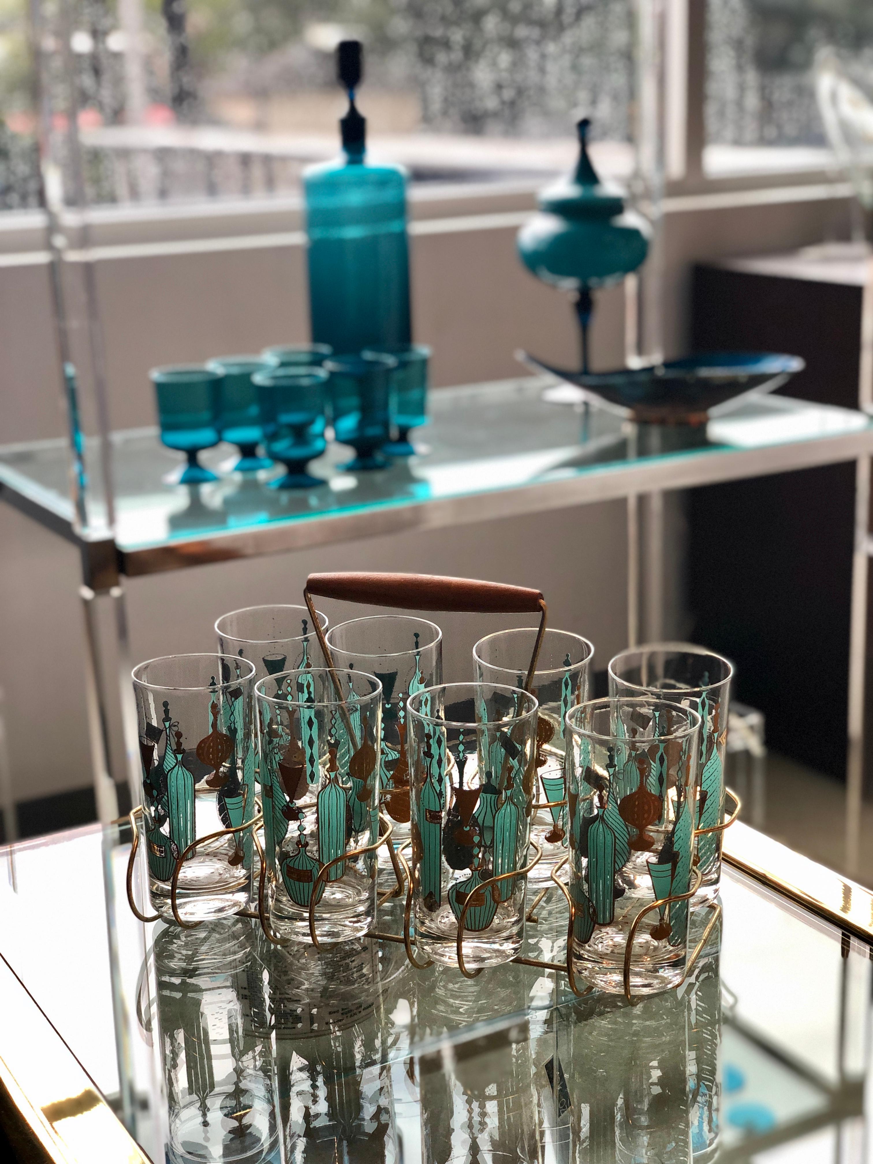 9-Piece Set of Aqua & Gold Print on Clear Glass Cocktail Glasses w/ Brass Caddy 11