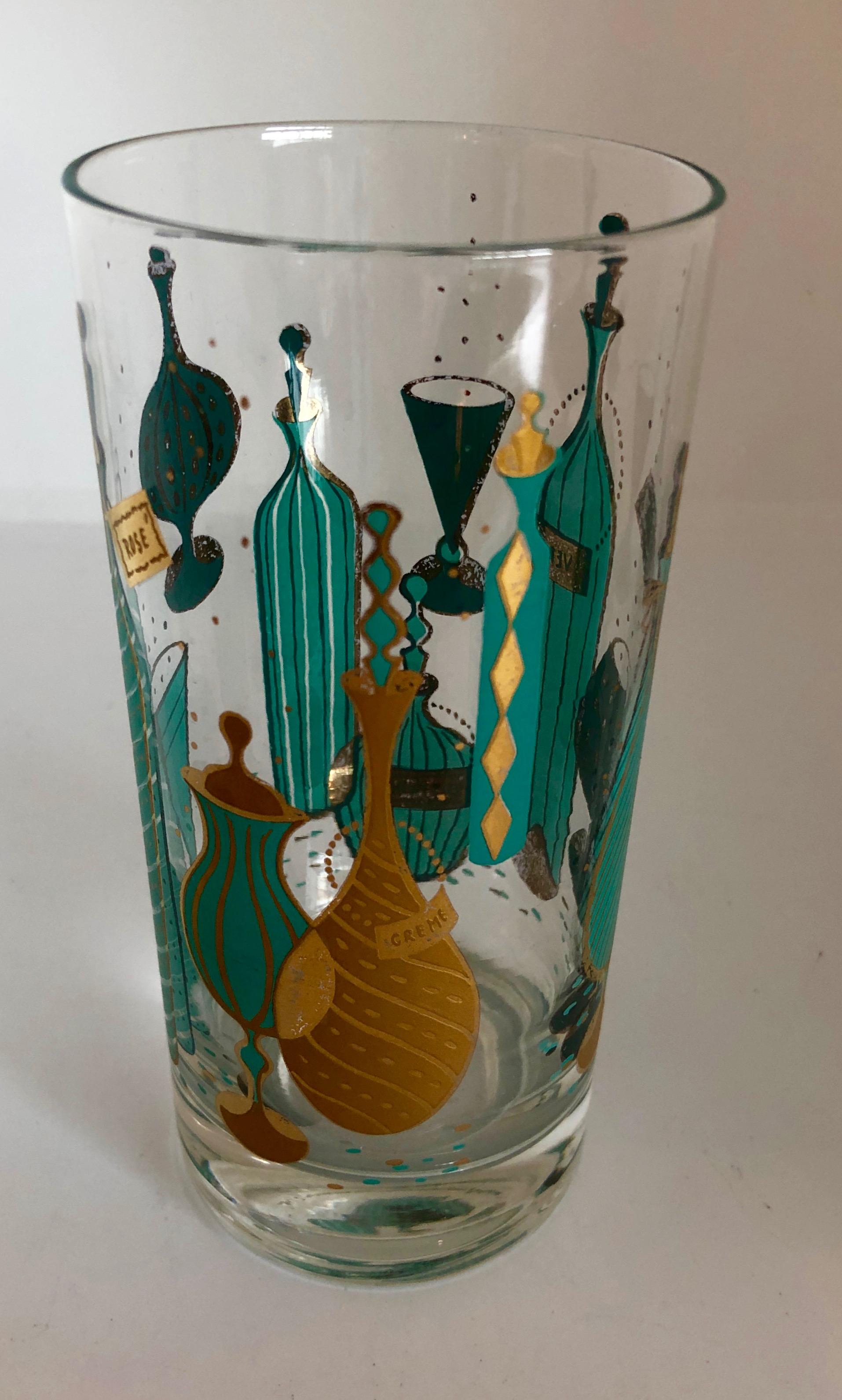Gilt 9-Piece Set of Aqua & Gold Print on Clear Glass Cocktail Glasses w/ Brass Caddy